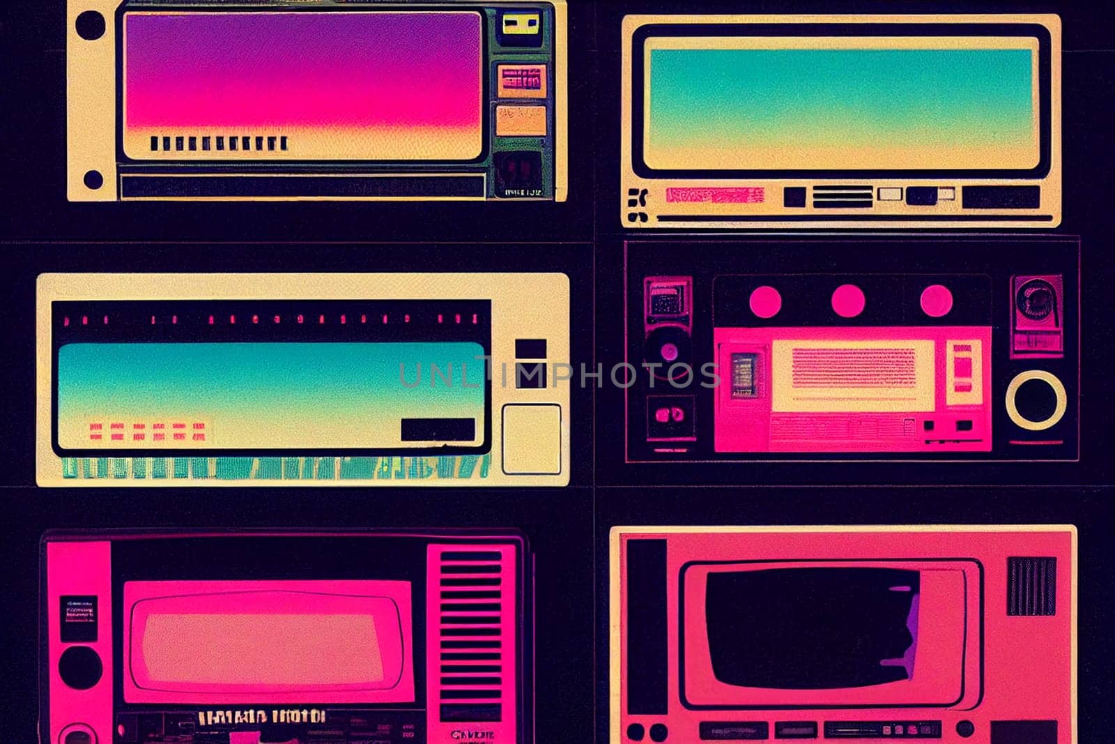 Radio tape recorder in retrowave 80s style, vibrant colors, music technology, cassette player