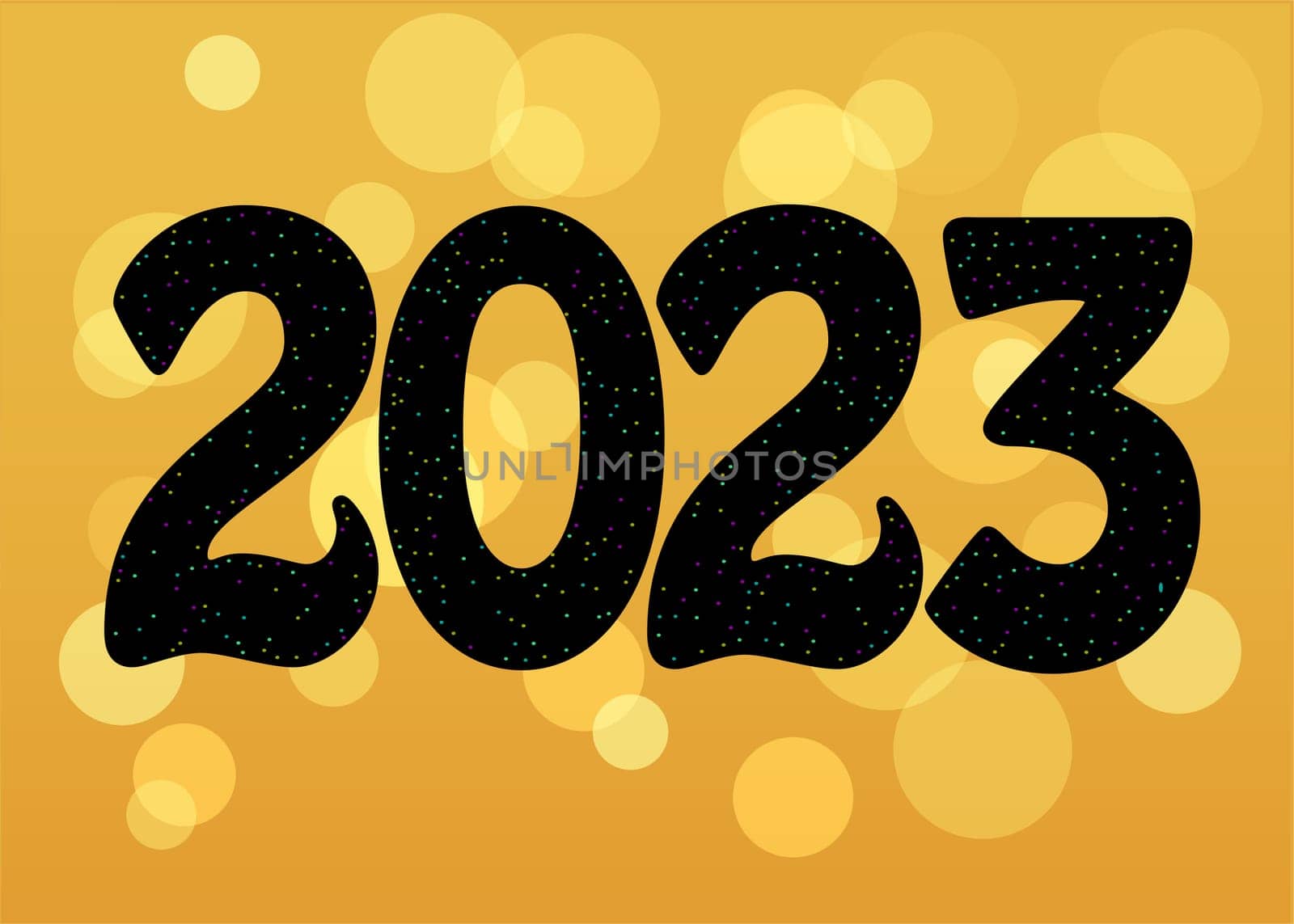 Festive Black Number 2023 with bright spray decor. Yellow background with  blurs of light. New year's mood.
