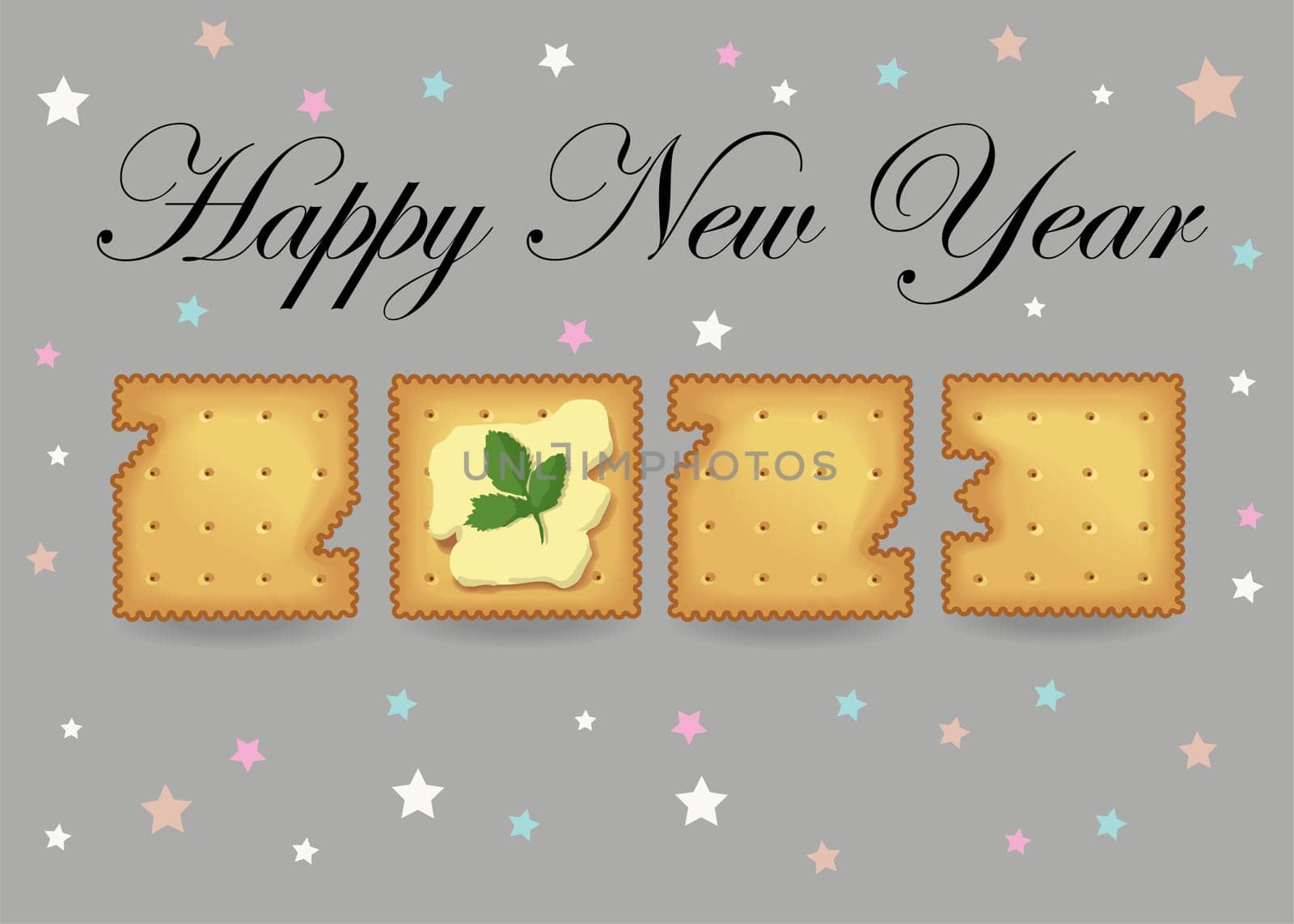 Cracker number 2023. Artistic yellow number as cookies with butter and green perejil. Gray background with colorful stars. Black text Happy New Year