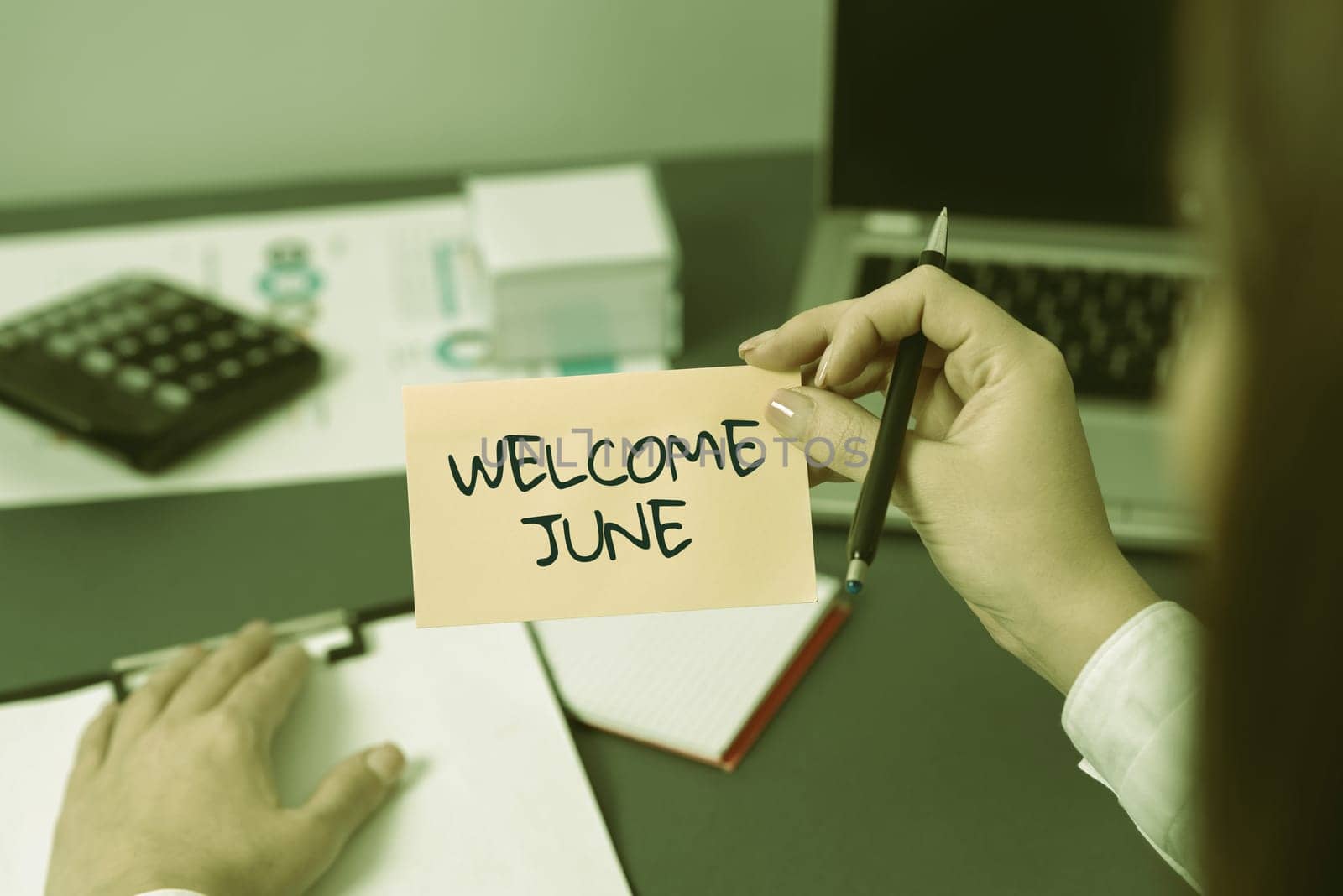 Text showing inspiration Welcome June, Business overview Calendar Sixth Month Second Quarter Thirty days Greetings