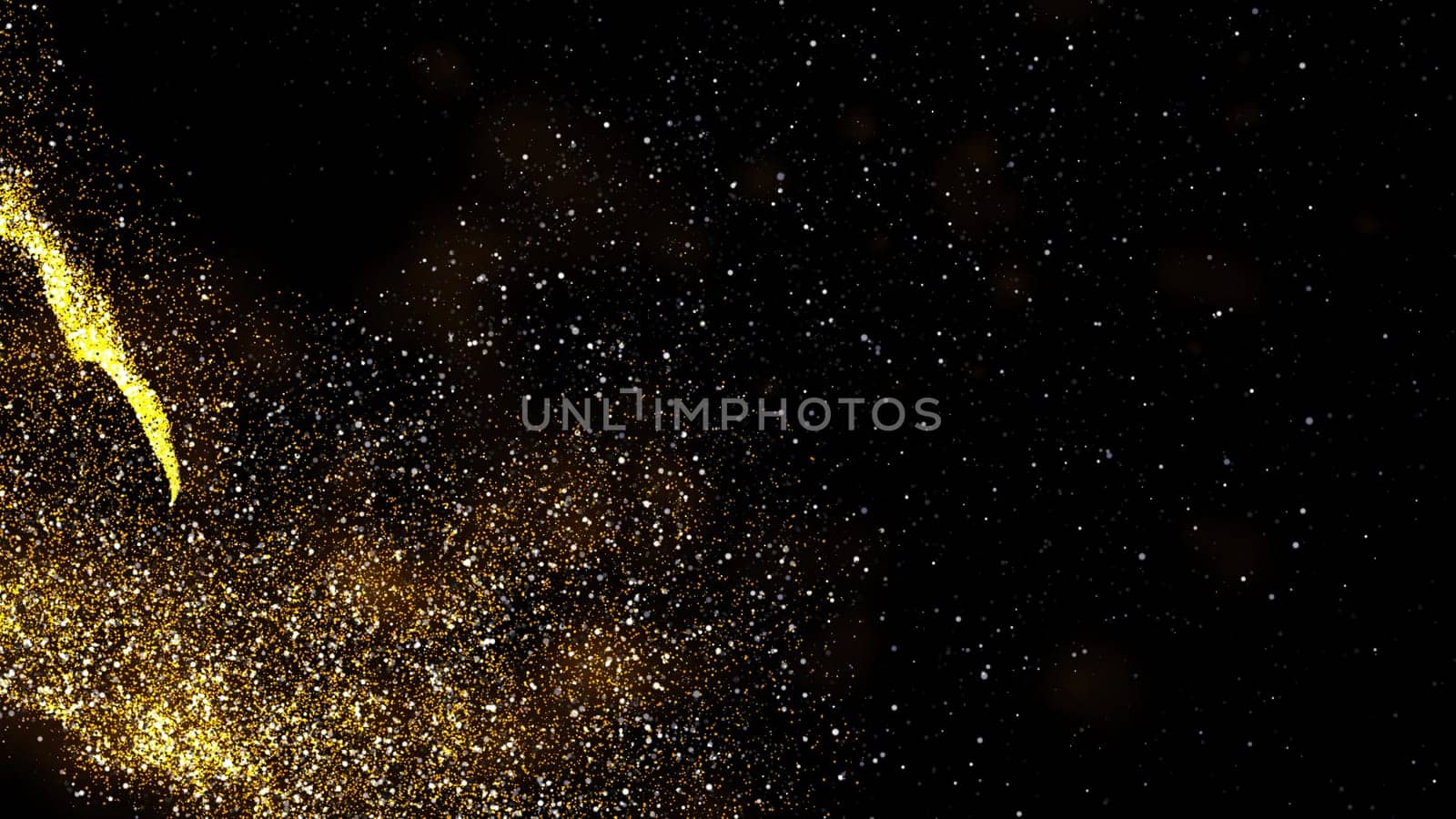gold dust blown away by the wind and scattered. 3d illustration of gold particle