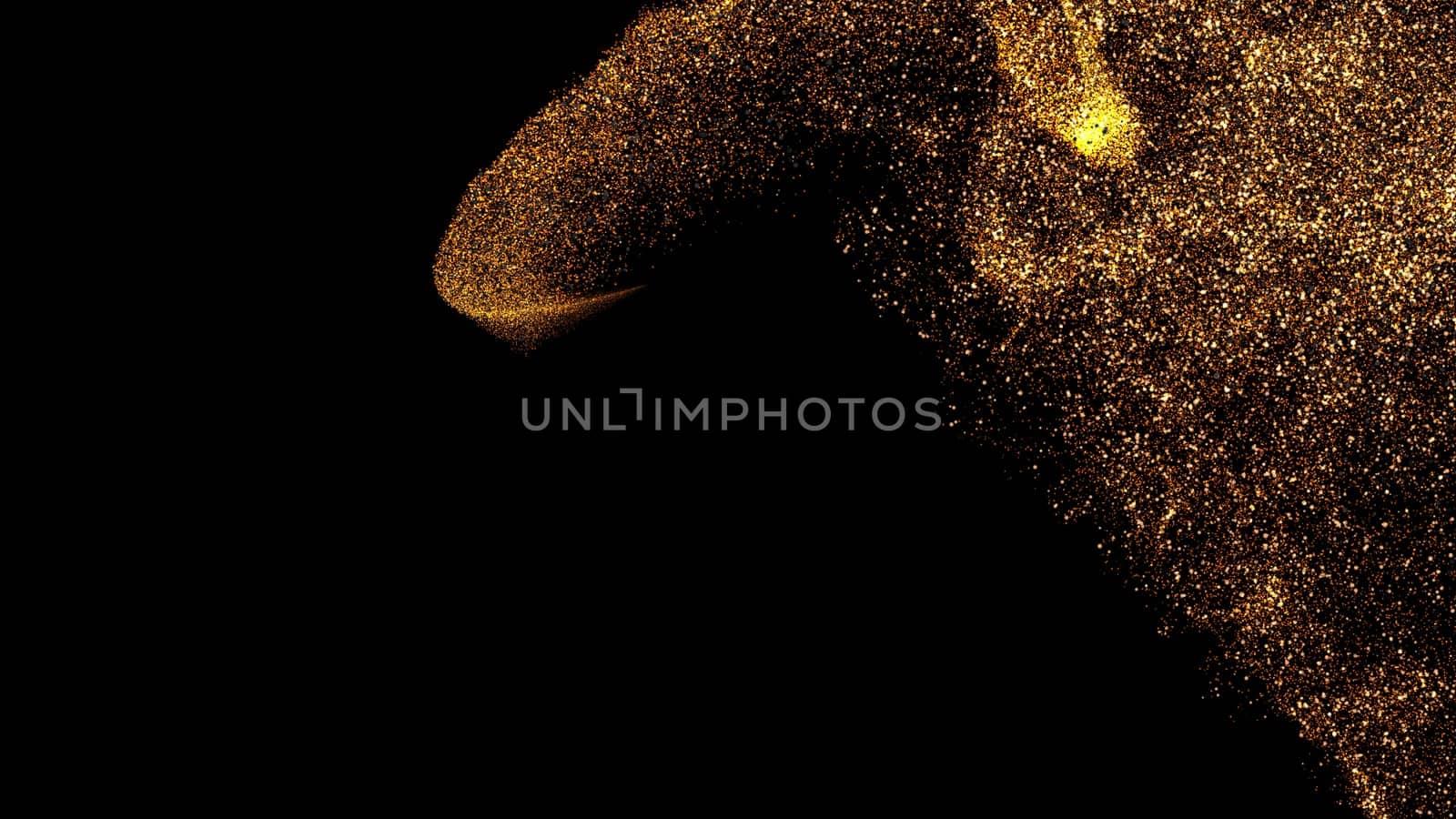 gold dust blown away by the wind and scattered. 3d illustration of gold particle