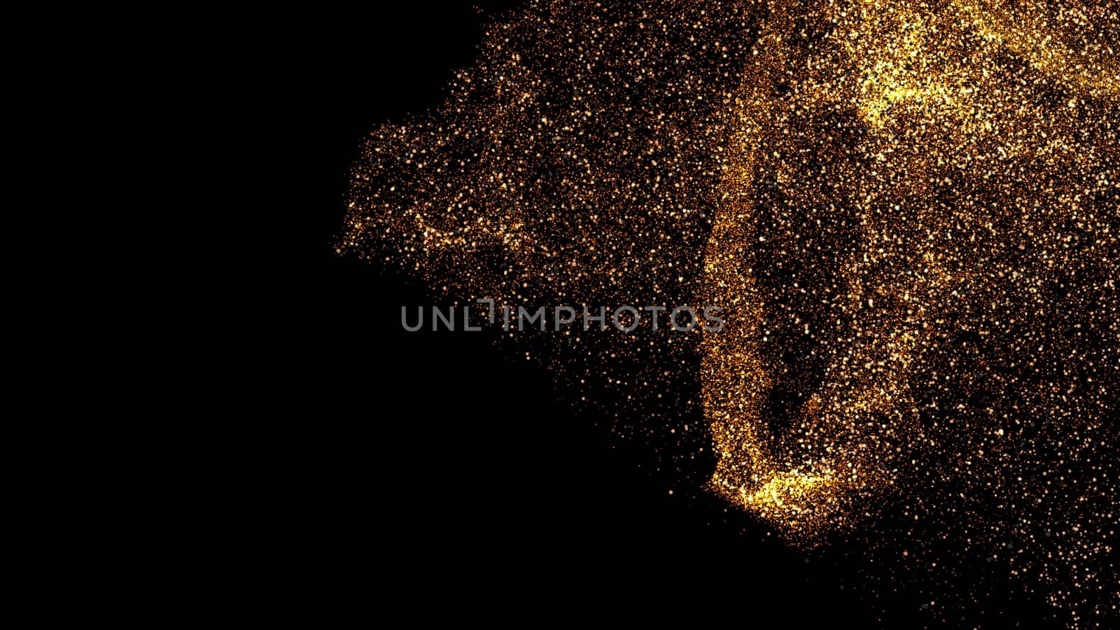 gold dust blown away by the wind and scattered. 3d illustration of gold particle