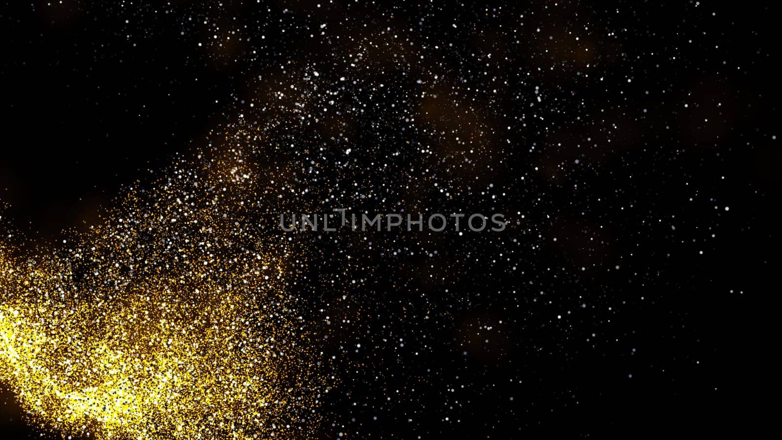 gold dust blown away by the wind and scattered. 3d illustration of gold particle
