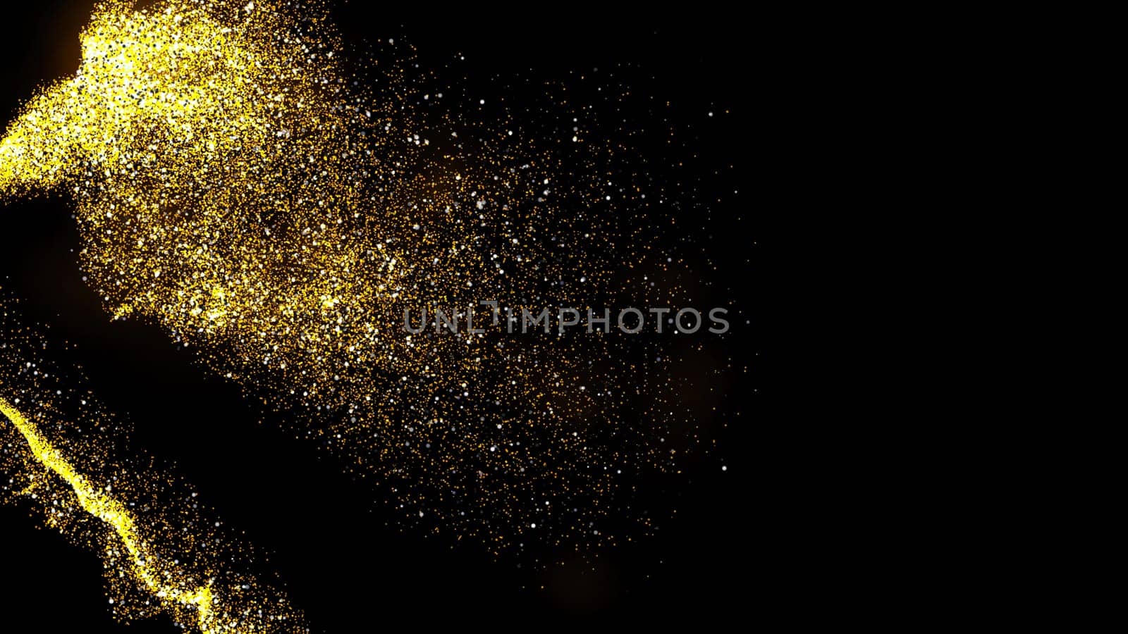 gold dust blown away by the wind and scattered. 3d illustration of gold particle