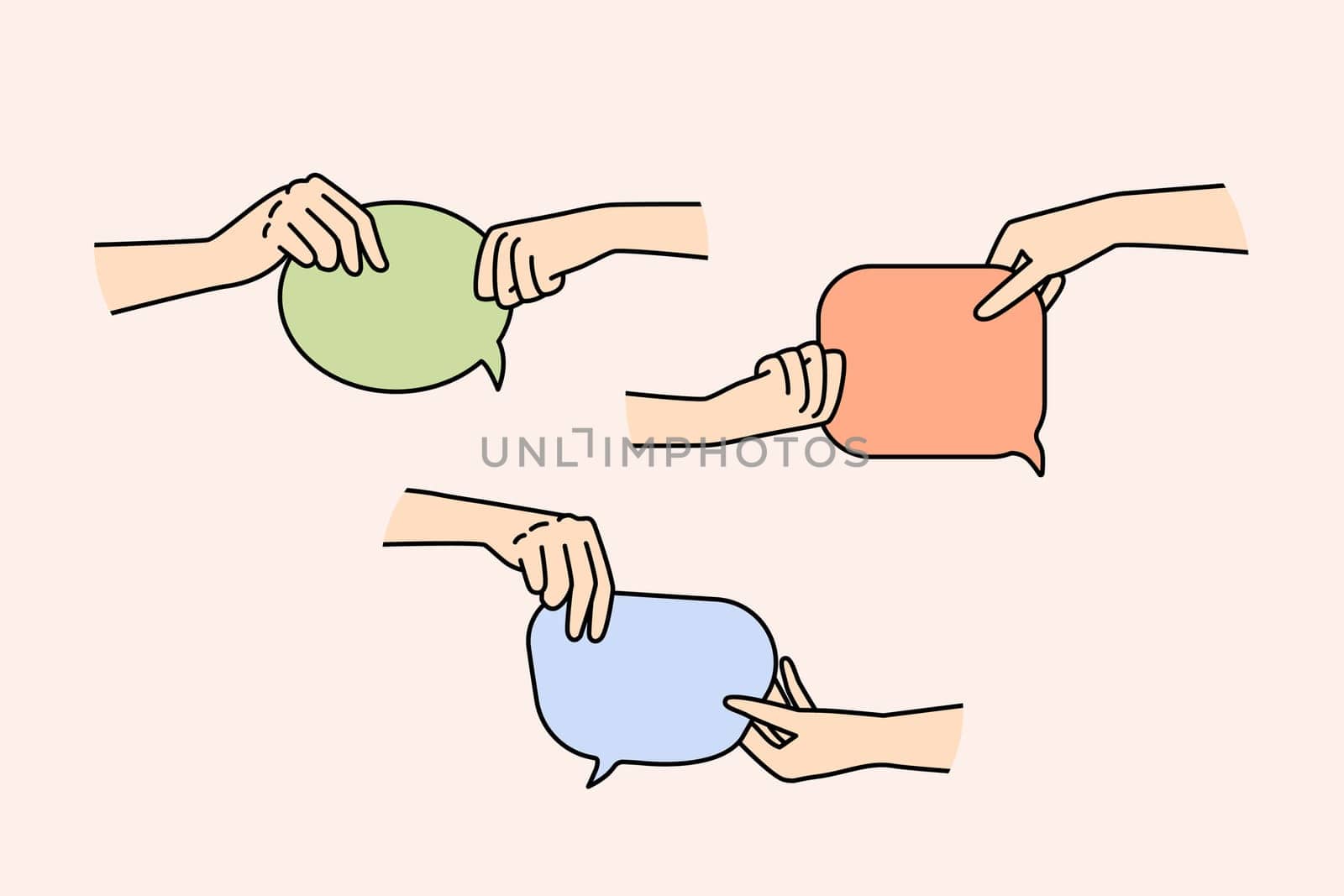 Diverse people hands holding speech bubbles for online communication or message. Men and women with talk balloons communicating. Vector illustration.