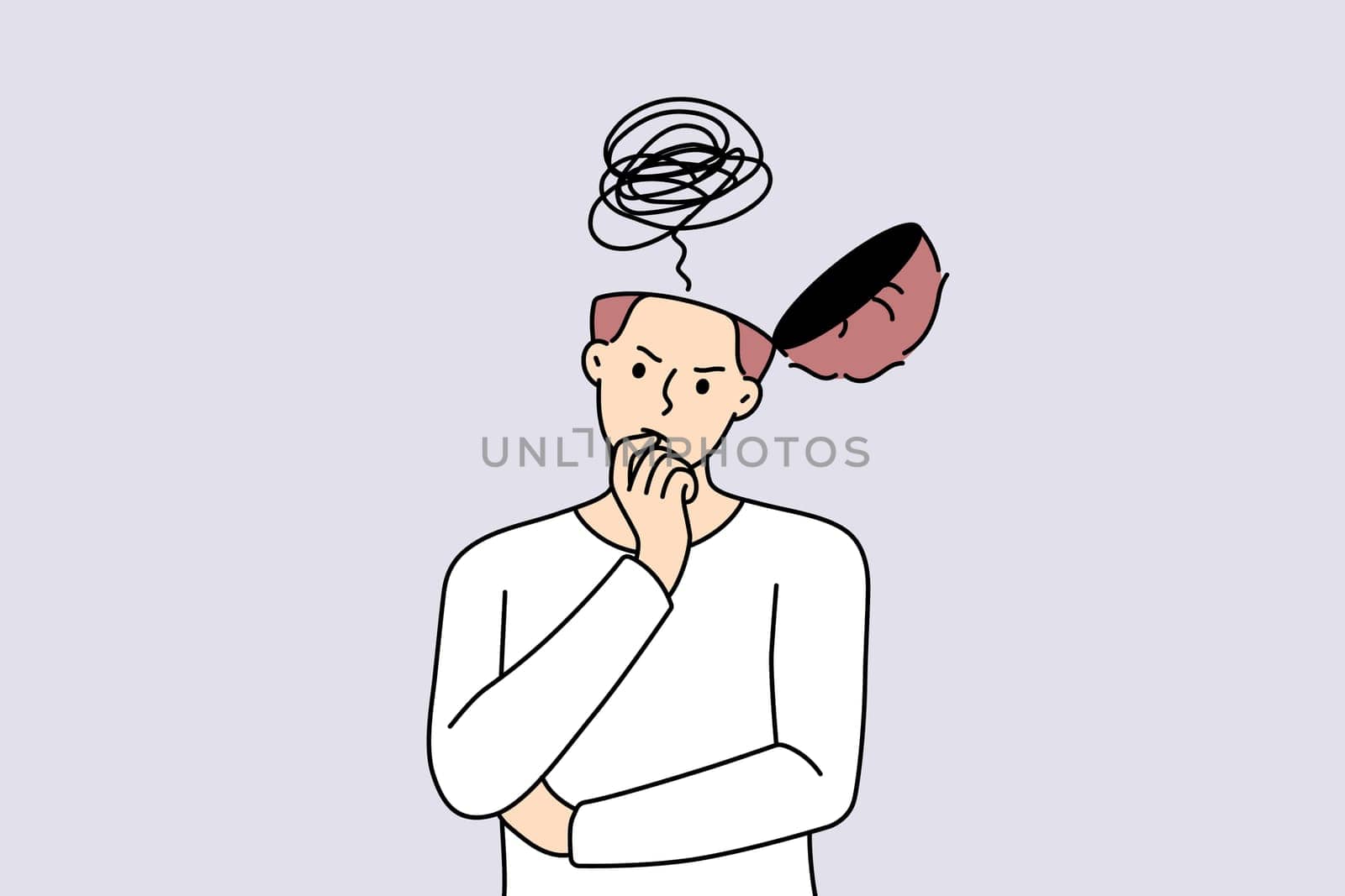 Pensive young man with open head think of problem solution or generate idea. Confused male brainstorm solve trouble or look for innovative thought. Vector illustration.