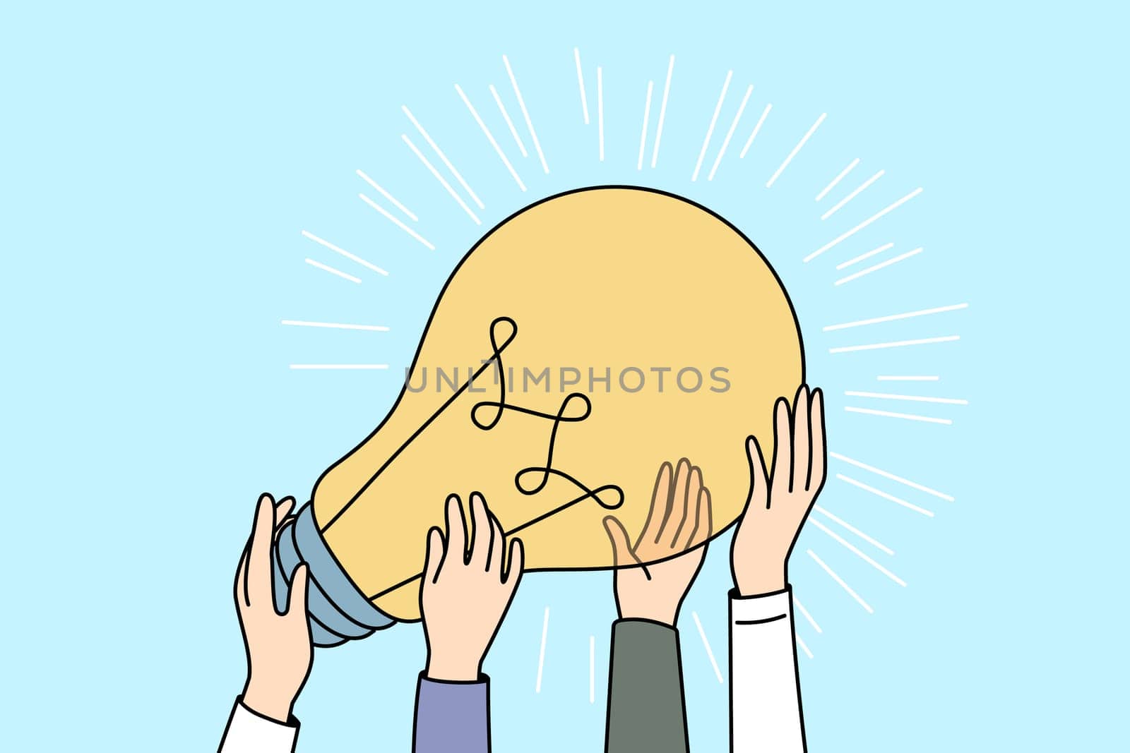 Close-up of hands of businesspeople holding huge lightbulb generate business idea together. Employees with light bulb engaged in teamwork for shared innovation. Vector illustration.