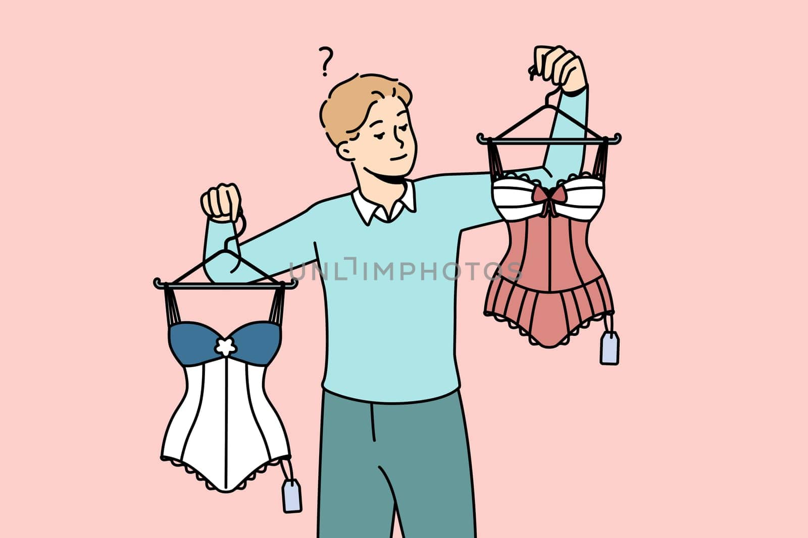 Confused young man choosing lingerie for girlfriend in shop. Frustrated male buying sexy underwear or body for woman. Vector illustration.