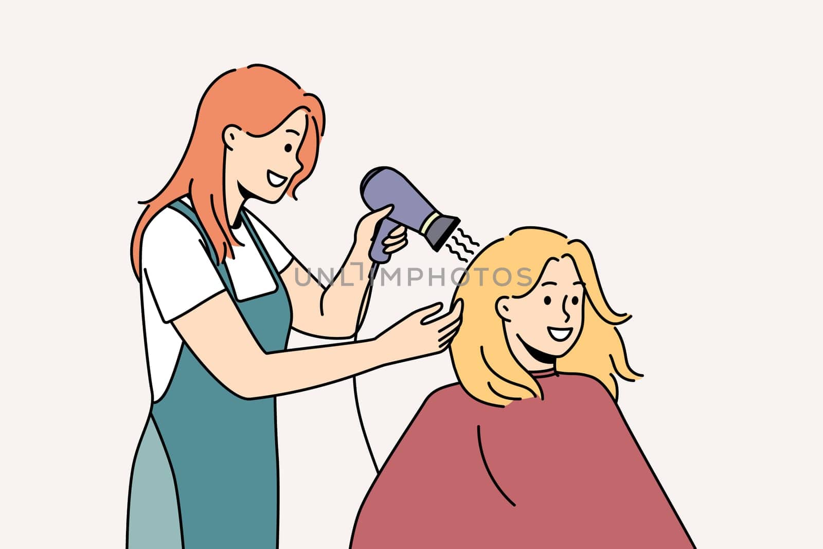 Smiling female client get hairstyle in saloon. Happy stylist dry hair of woman customer with blow dryer in salon. Beauty and care concept. Vector illustration.