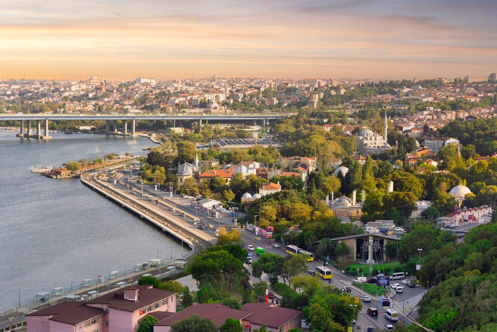 Istanbul city view from Pierre Loti Teleferik station overlooking Golden Horn, Eyup District, Istanbul, Turkey, before sunset