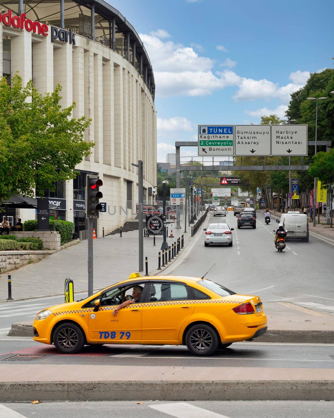 Istanbul, Turkey - August 31, 2022: Besiktas district: Kadirgalar Street, or Kadirgalar Caddesi, with Vodafone Park on the left side