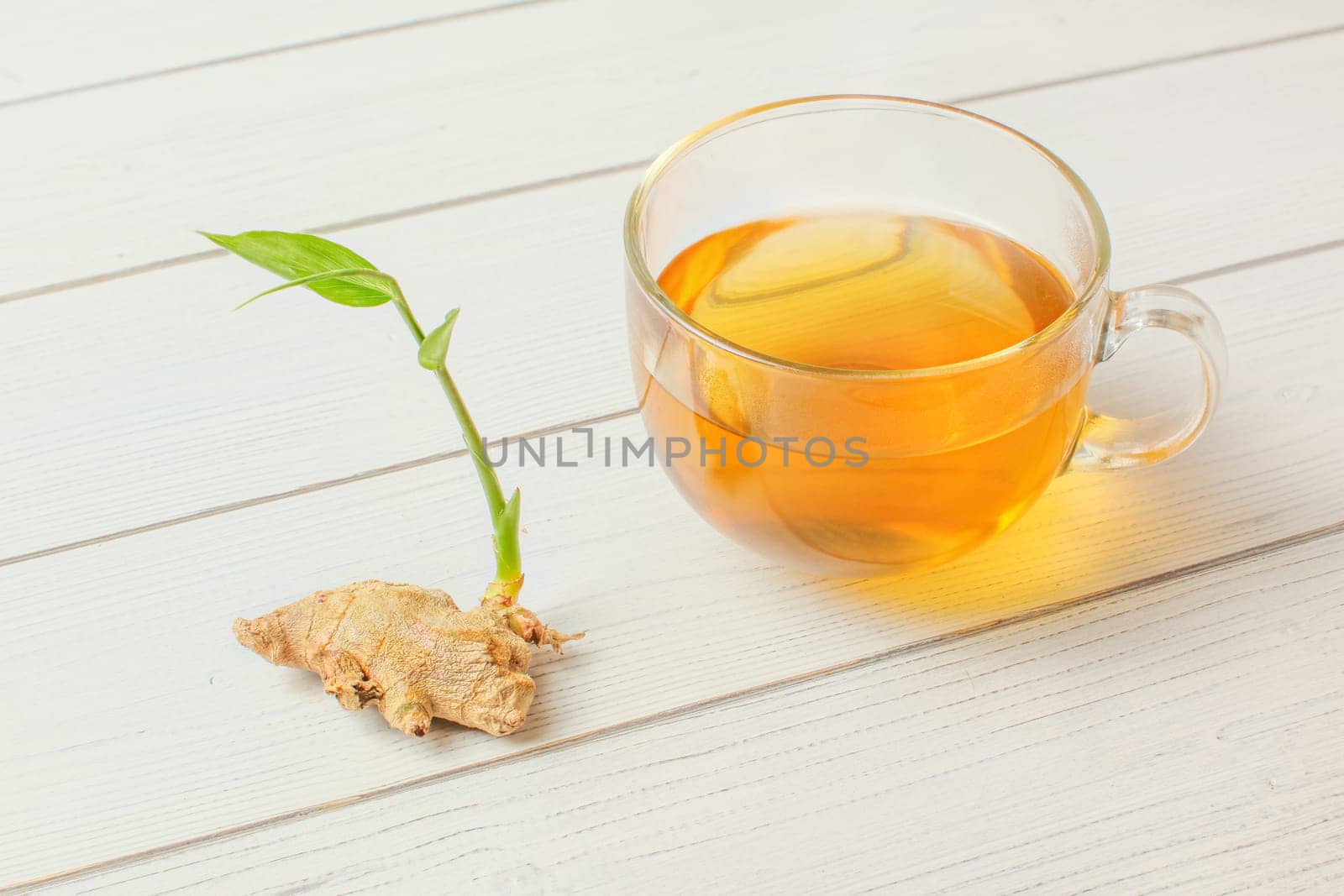Freshly brewed amber hot tea, dry ginger root with green spring next to it on white boards desk