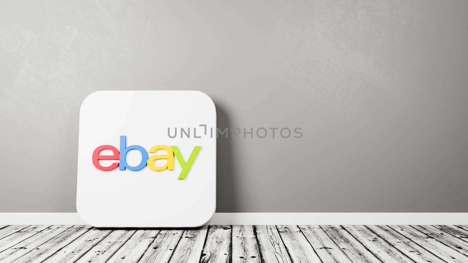Ebay App Icon 3D Symbol Shape on Wooden Floor Against Gray Wall with Copy Space 3D Render Illustration