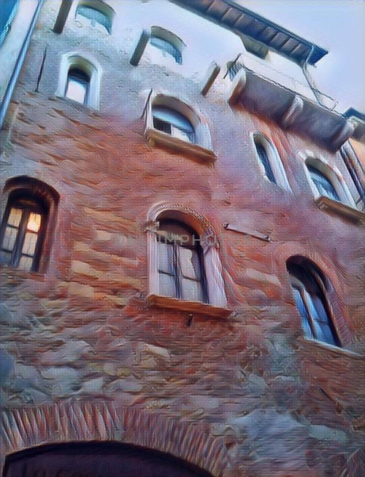 The facade of an old building in the city of Verona, Italy. An ancient building in the art style of surrealism. Tourist attractions of Italy.