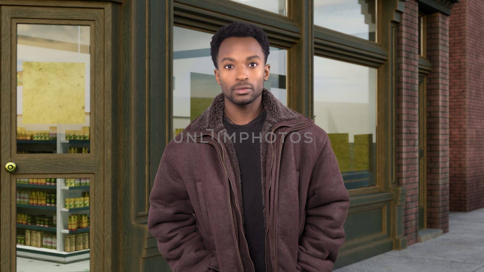 pedestrian man alone outside on the sidewalk downtown with a coat in front of grocery store
