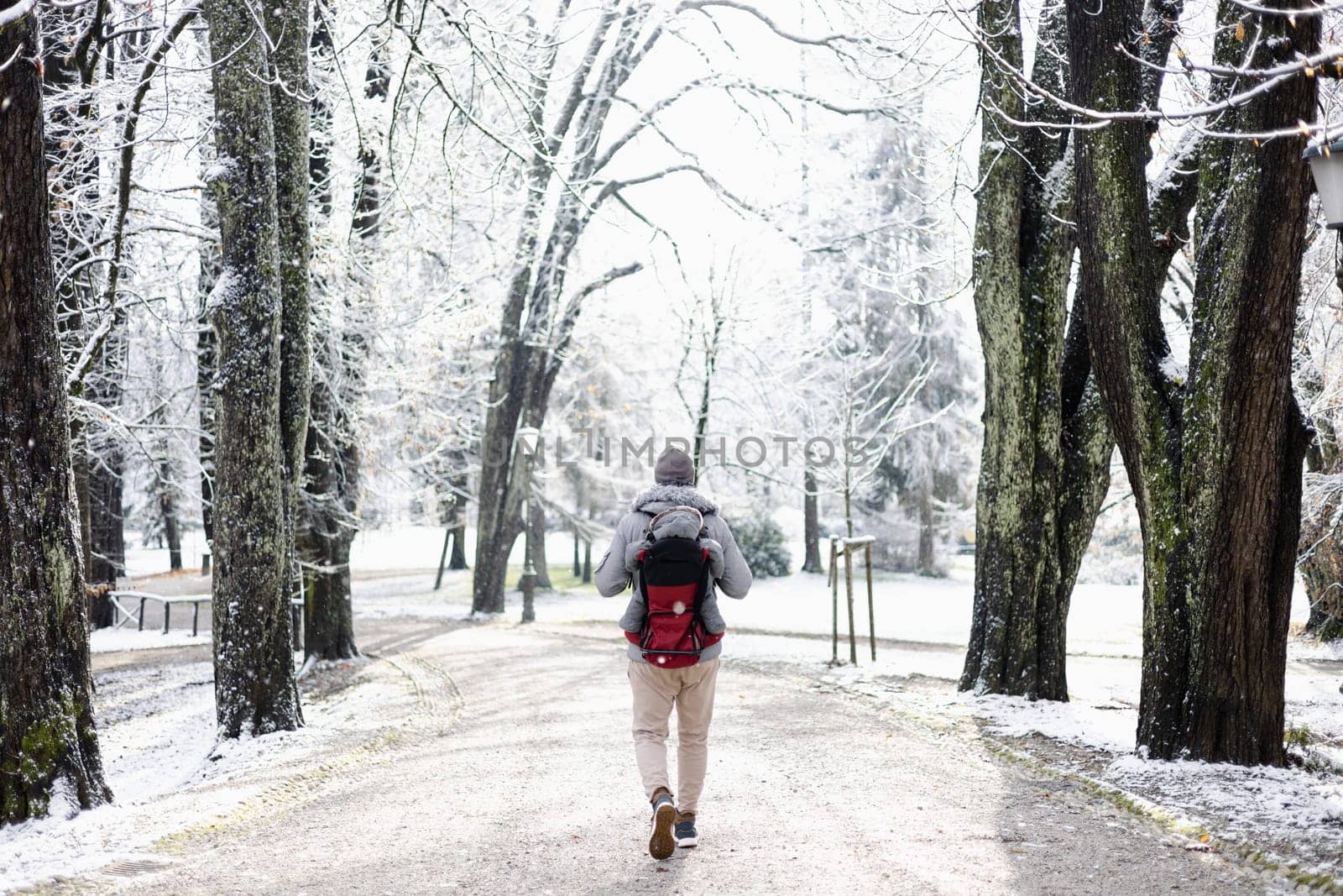 Rear view of sporty father carrying his infant son wearing winter jumpsuit and cap in backpack carrier walking in city park in winter.