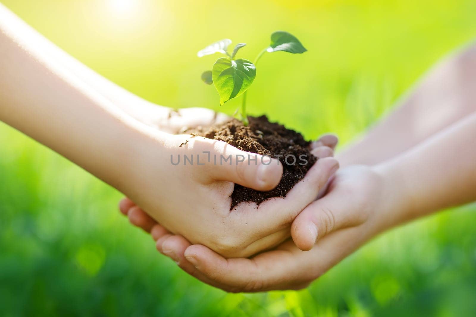 One child giving to another young sprout of a plant from hands to hands. Concept of a new life, saving planet and gardening.