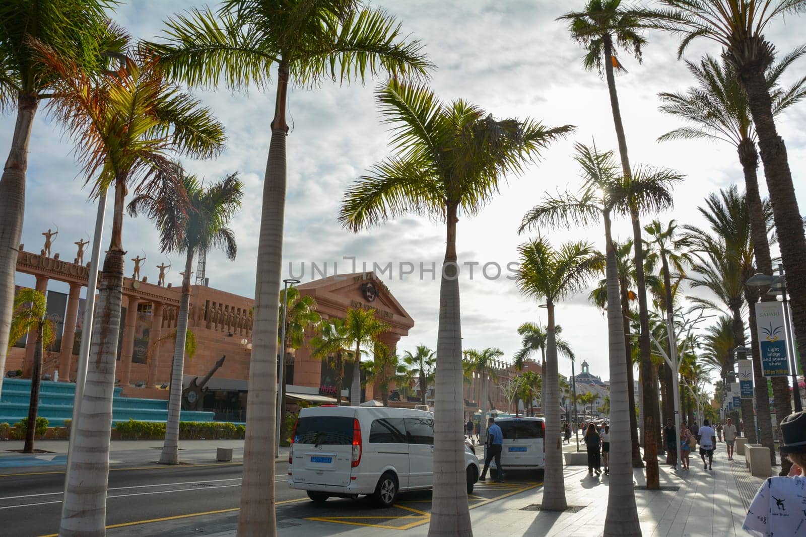 Hard Rock Cafe, Playa de la Americas, Tenerife, Spain August 12, 2022 - View from across the street of the Cafe building with palm trees and sky