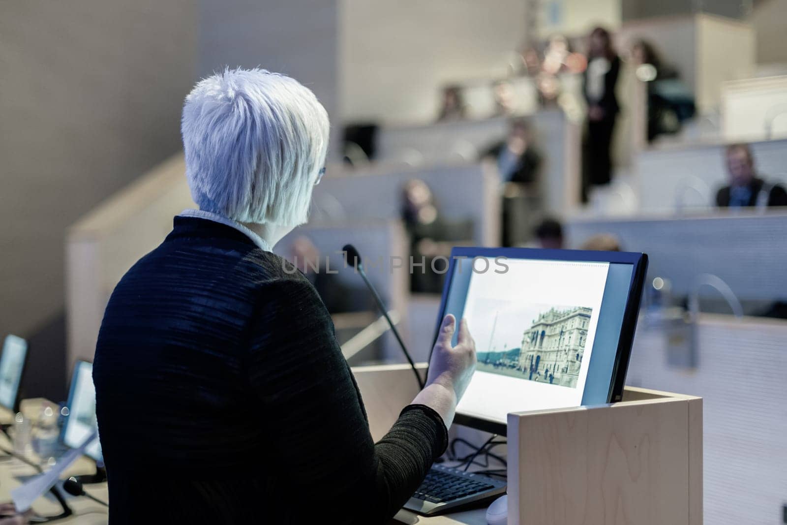 Business woman lecturing at Conference. Audience at the lecture hall.