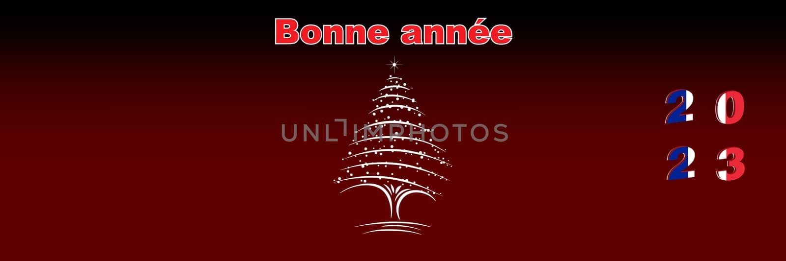 Merry Christmas and Happy New Year web page cover. France flag on the year 2023. Holiday design for greeting card, banner, celebration poster, party invitation. Vector illustration.