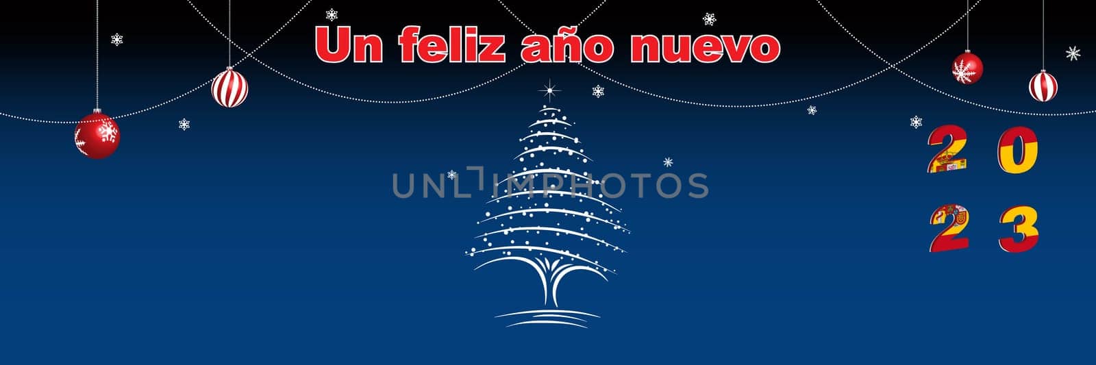 Merry Christmas and Happy New Year web page cover. Spain flag on the year 2023. Holiday design for greeting card, banner, celebration poster, party invitation. Vector illustration.