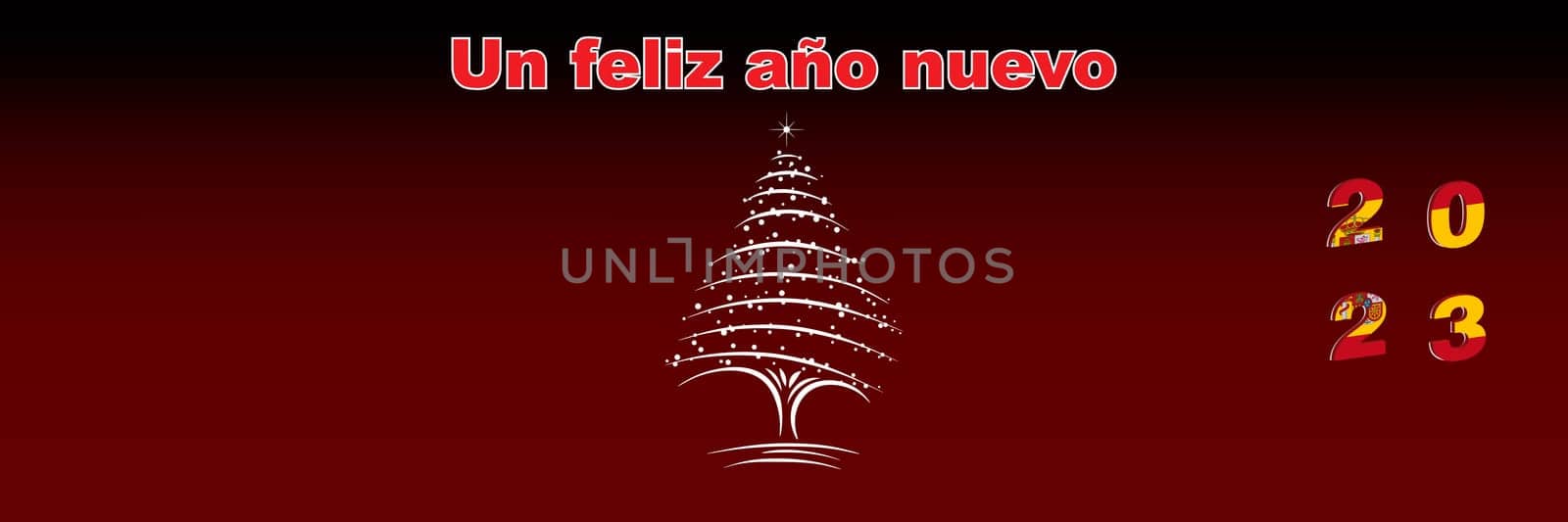 Merry Christmas and Happy New Year web page cover. Spain flag on the year 2023. Holiday design for greeting card, banner, celebration poster, party invitation. Vector illustration.