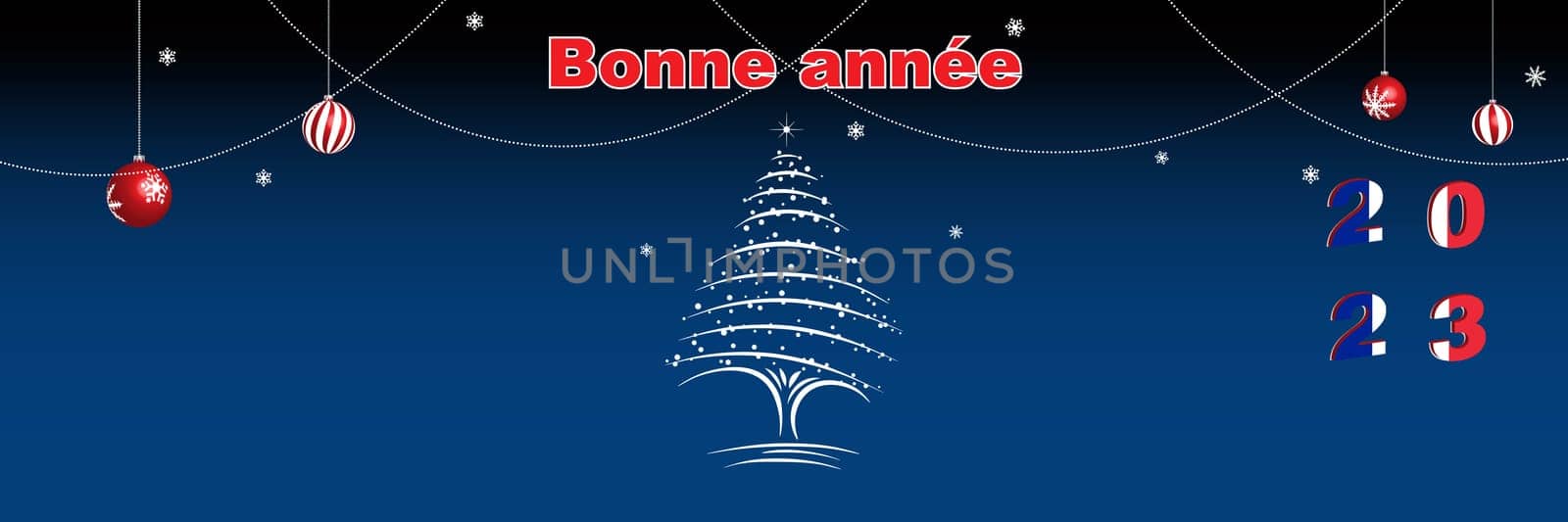 Merry Christmas and Happy New Year web page cover. France flag on the year 2023. Holiday design for greeting card, banner, celebration poster, party invitation. Vector illustration.