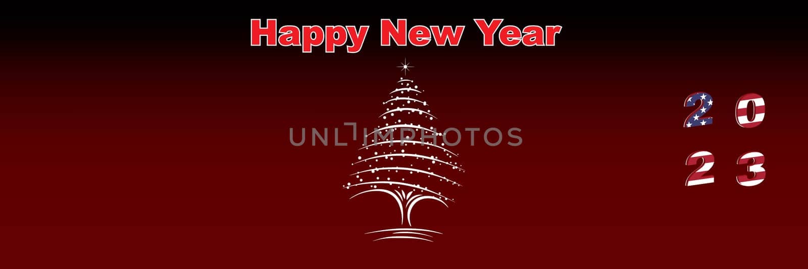 Merry Christmas and Happy New Year web page cover. United States of America flag on the year 2023. Holiday design for greeting card, banner, celebration poster, party invitation. Vector illustration.