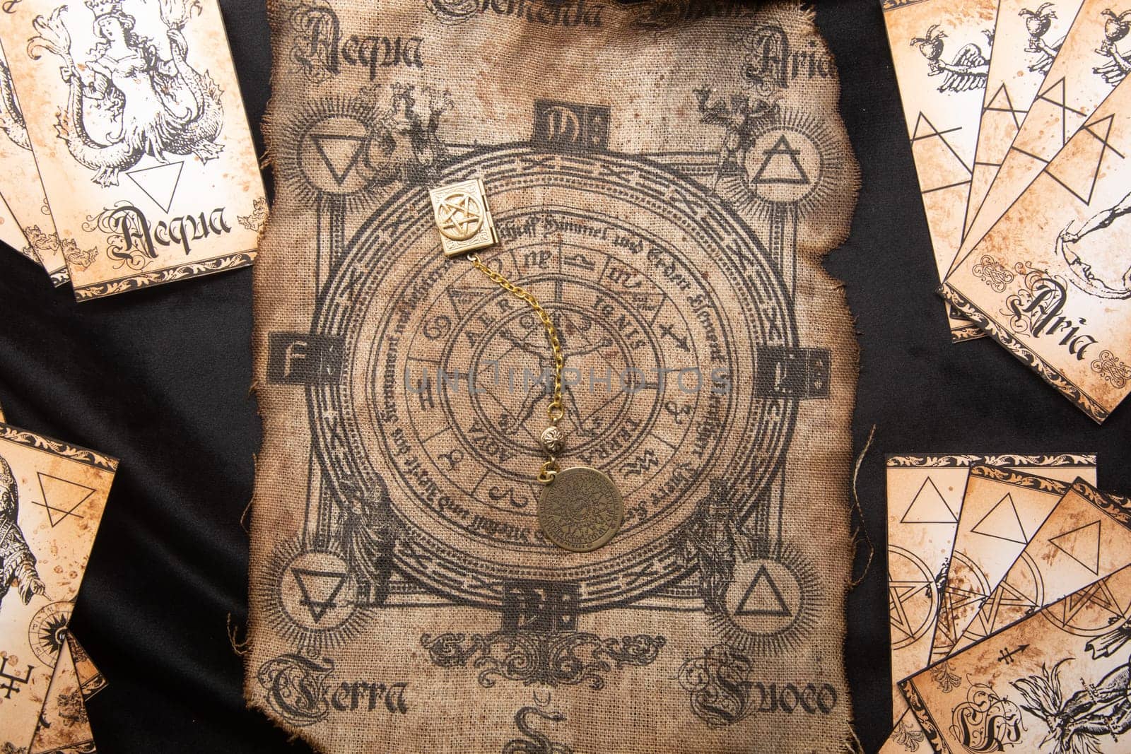 Ancient esoteric witchcraft background. Occultims and paganism old symbol, with mysterious runes and alphabet.