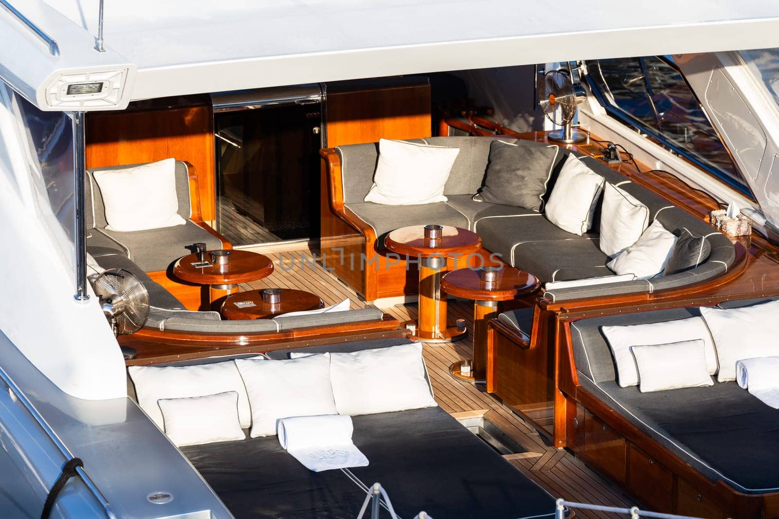 Luxury yacht. Comfortable expensive wooden design and furniture for holiday recreation tourism or travel and wealth concept