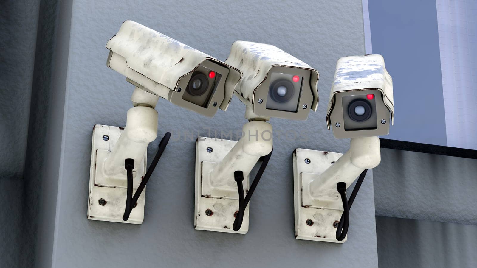 many security cameras surveillance alarm system safety protection cctv security 3D illustration