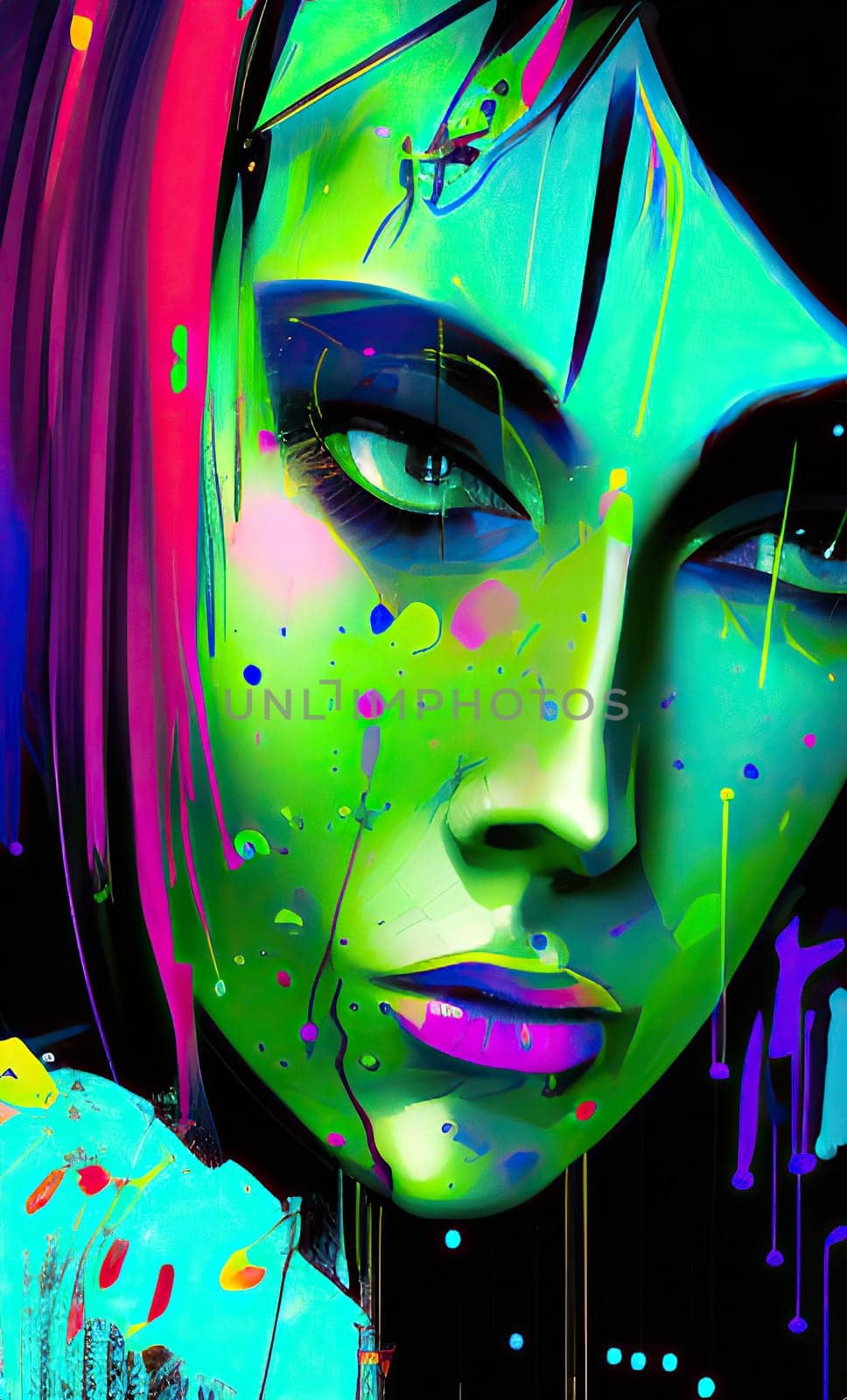 Colourful modern abstract woman face. Hand drawn digital art  illustration