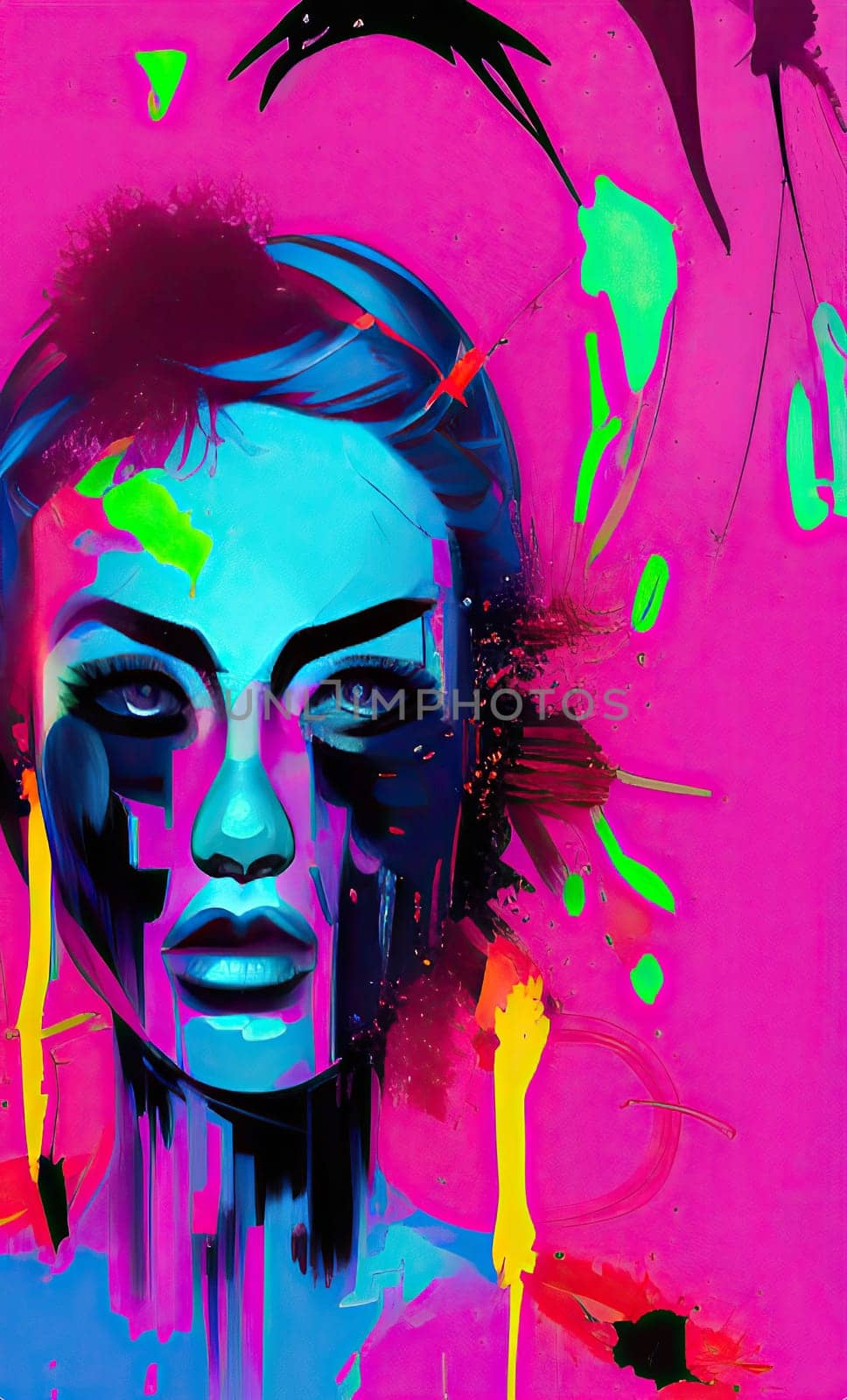 Colourful modern abstract woman face. Hand drawn digital art  illustration