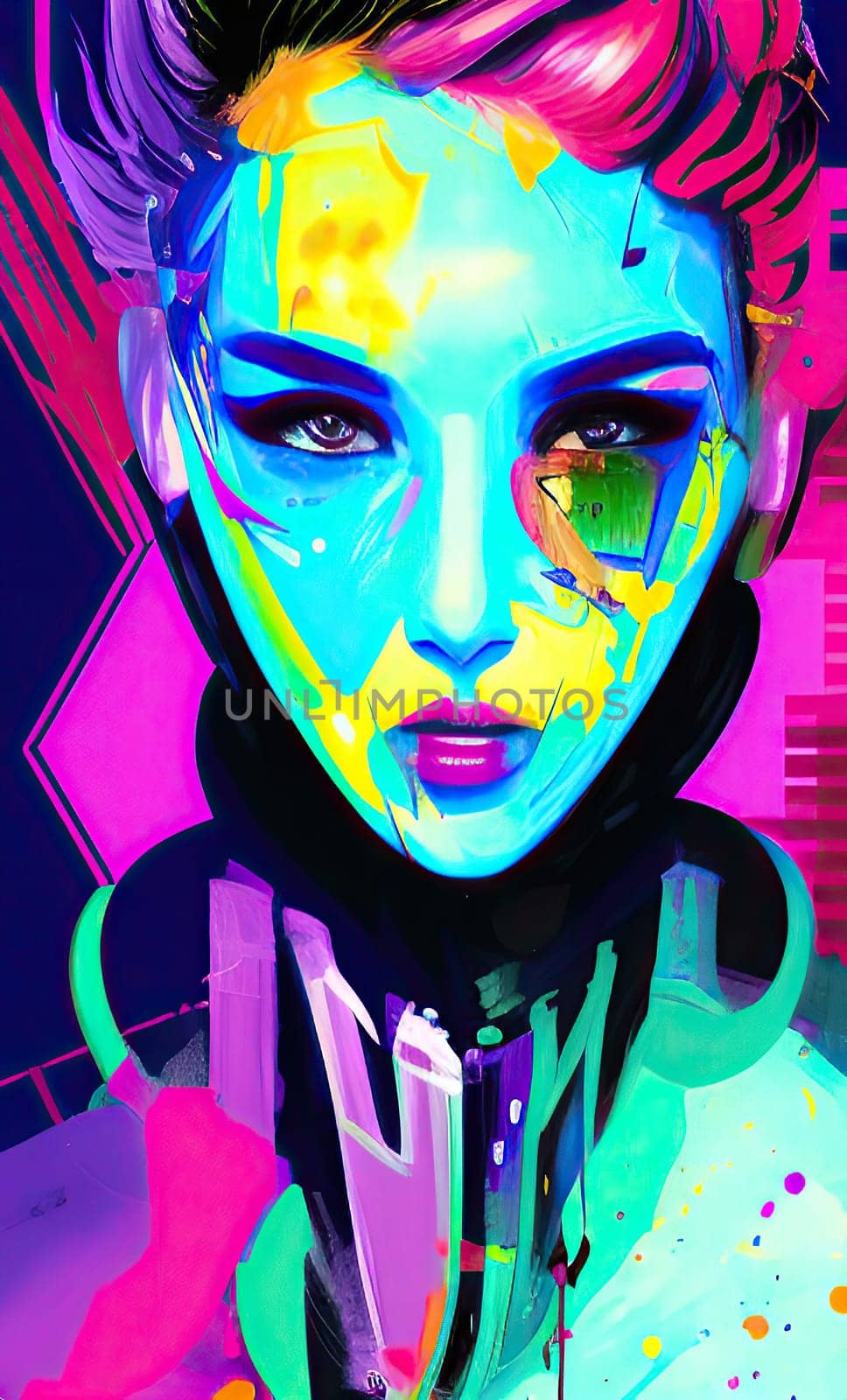 Colourful modern abstract woman face. Hand drawn digital art  illustration