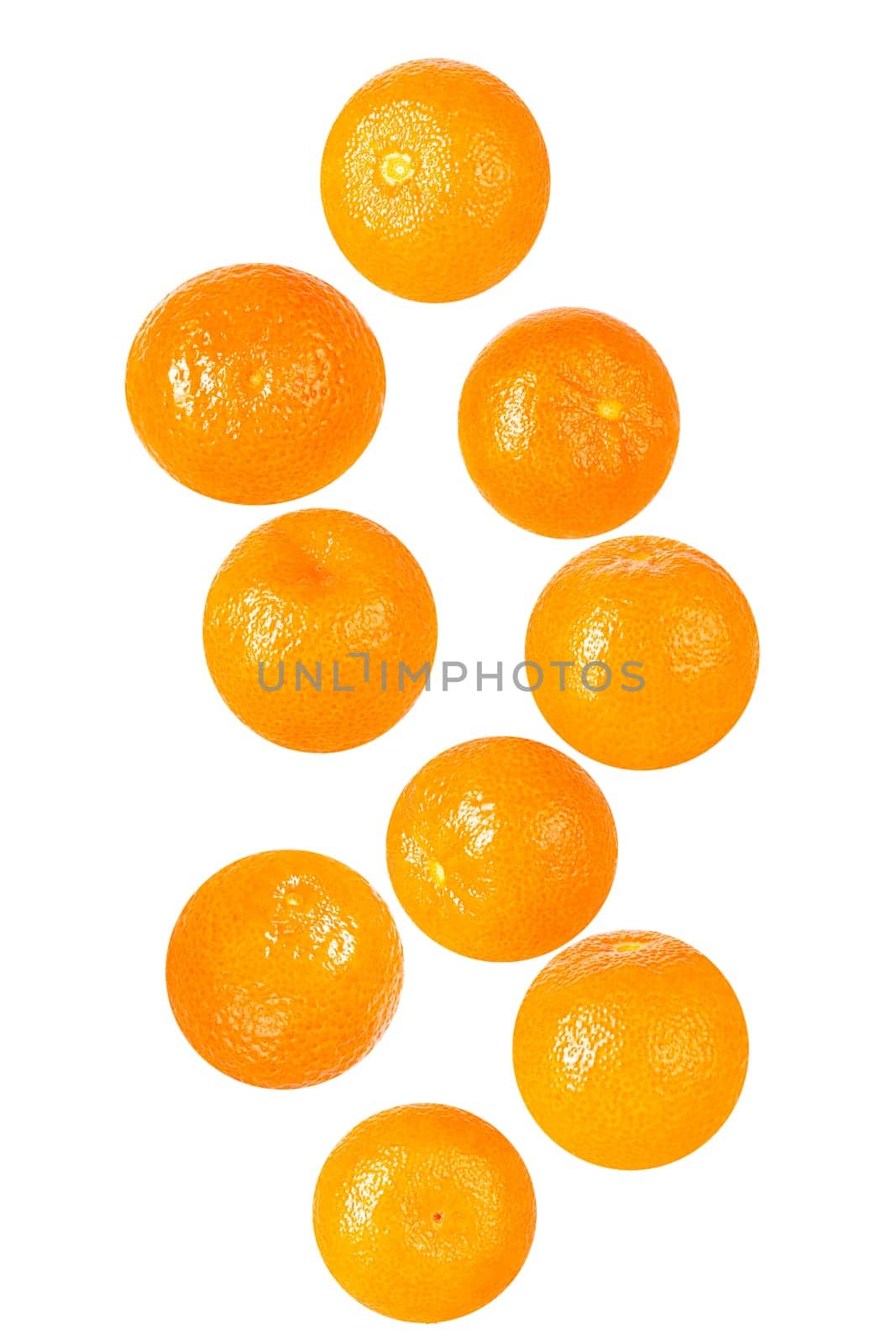 Isolated flying fruit. Nine pieces of falling ginger root on white background with clipping path as package design element and advertising. Full depth of field.
