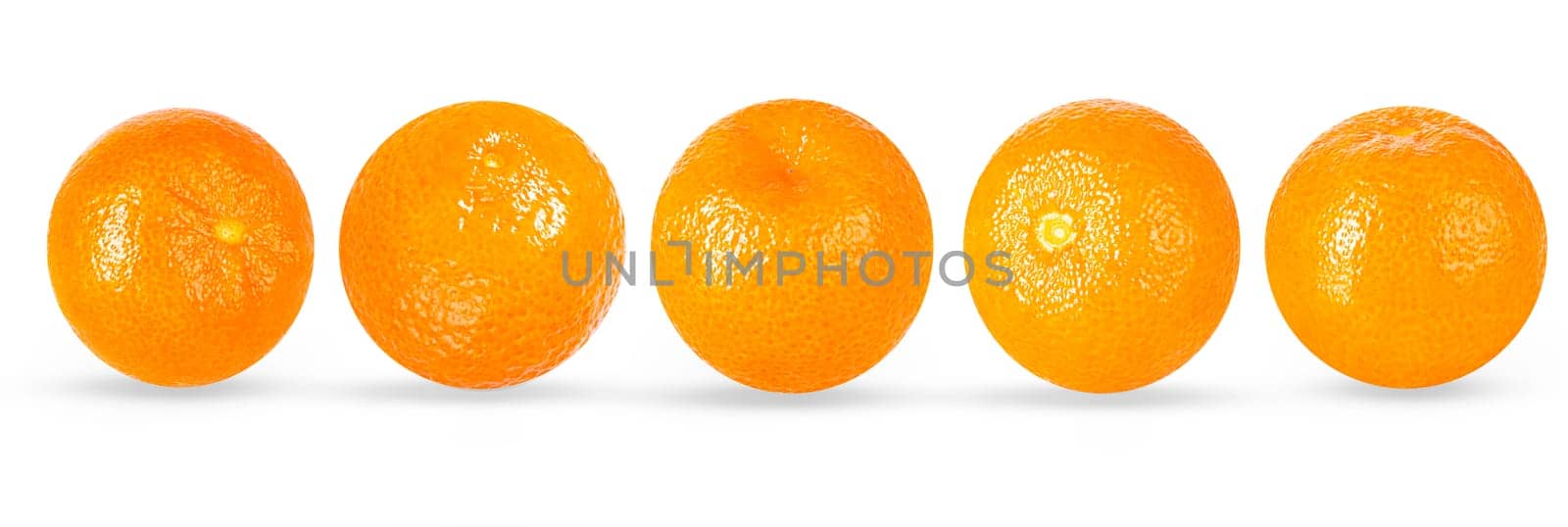 Isolated fruit set. 5 tangerine fruits isolated, top view on white background.