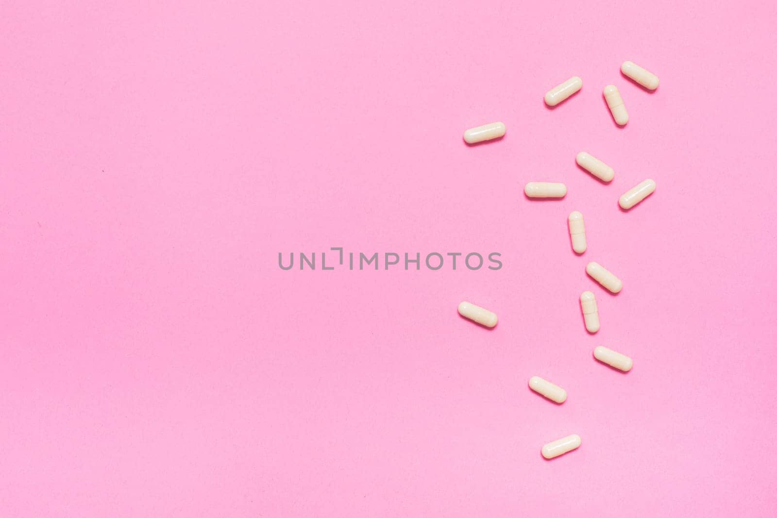 Medicine debate concept. Biotechnology banner with pills. Copy space for text. flatlay.