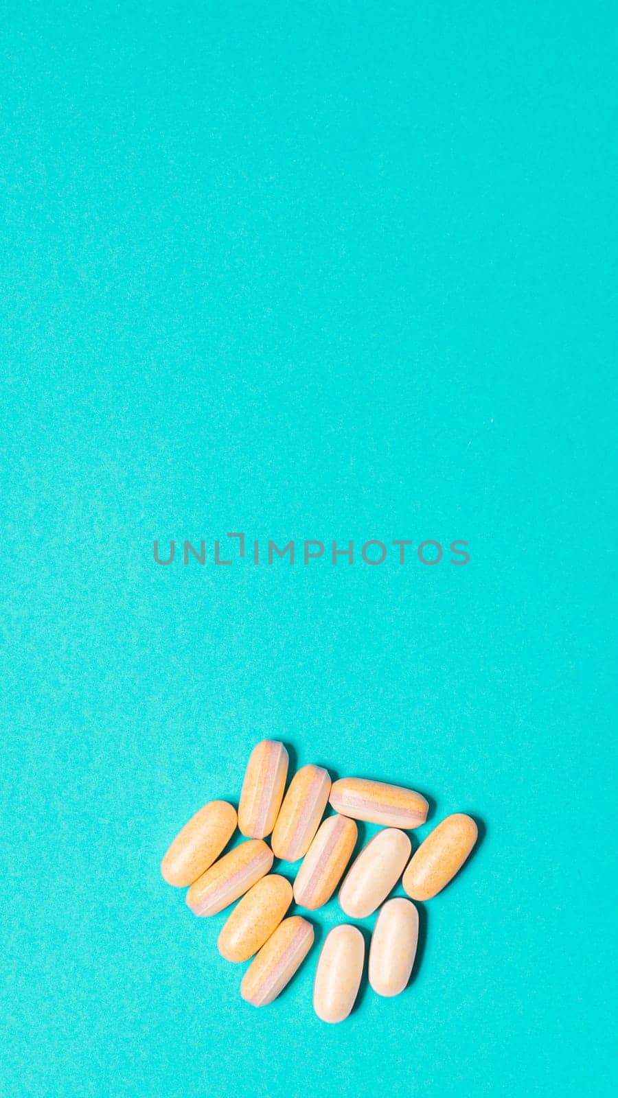 Medicine debate concept. Biotechnology banner with pills. Copy space for text. flatlay.