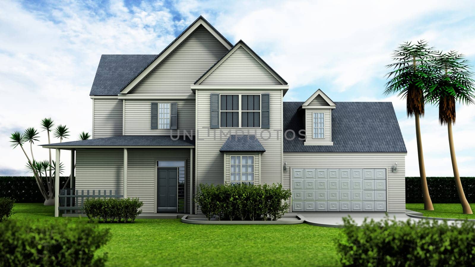 Luxurious big house with a large garden. 3D illustration.