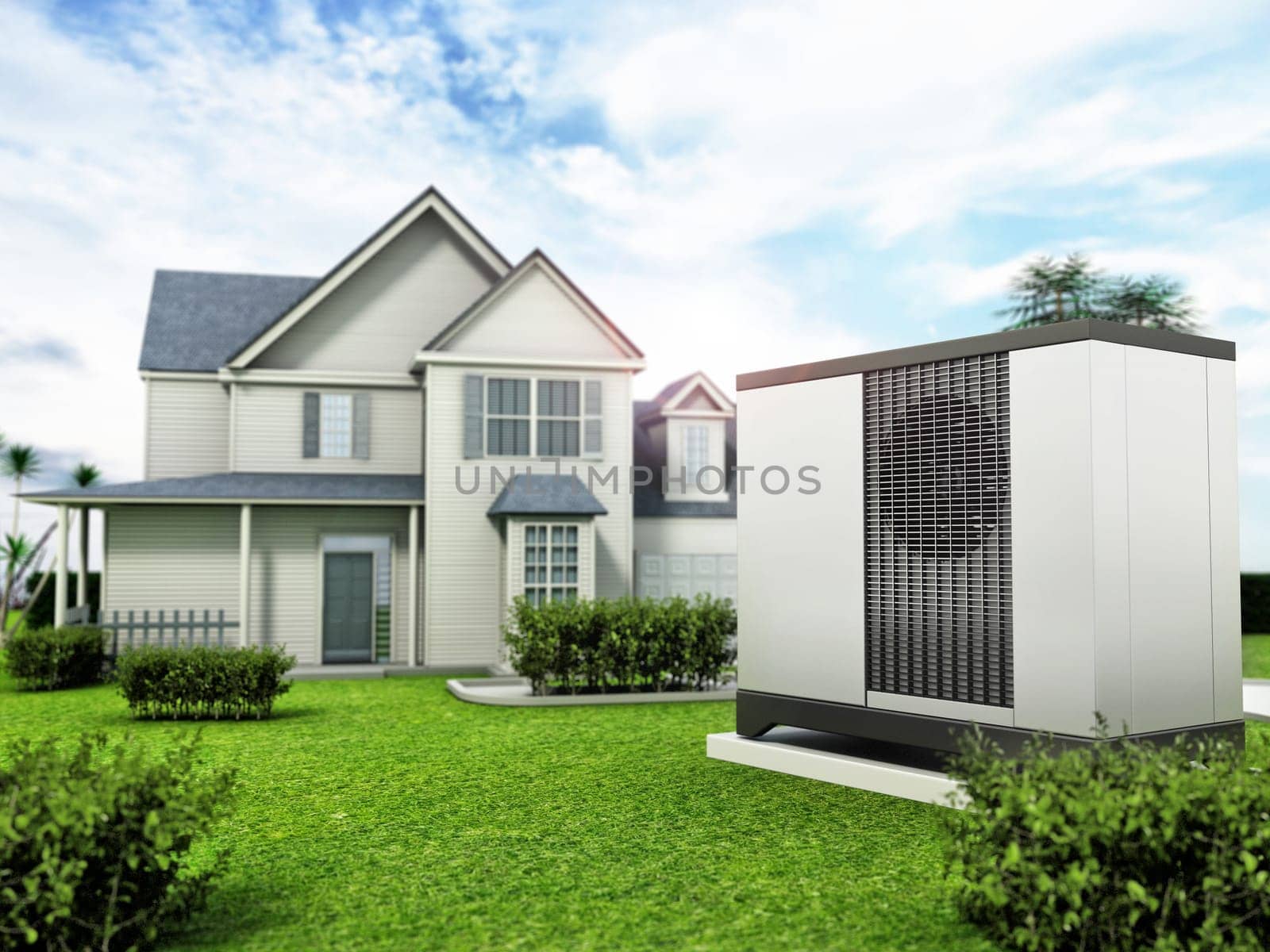 Heat pump in luxurious big house with a large garden. 3D illustration.