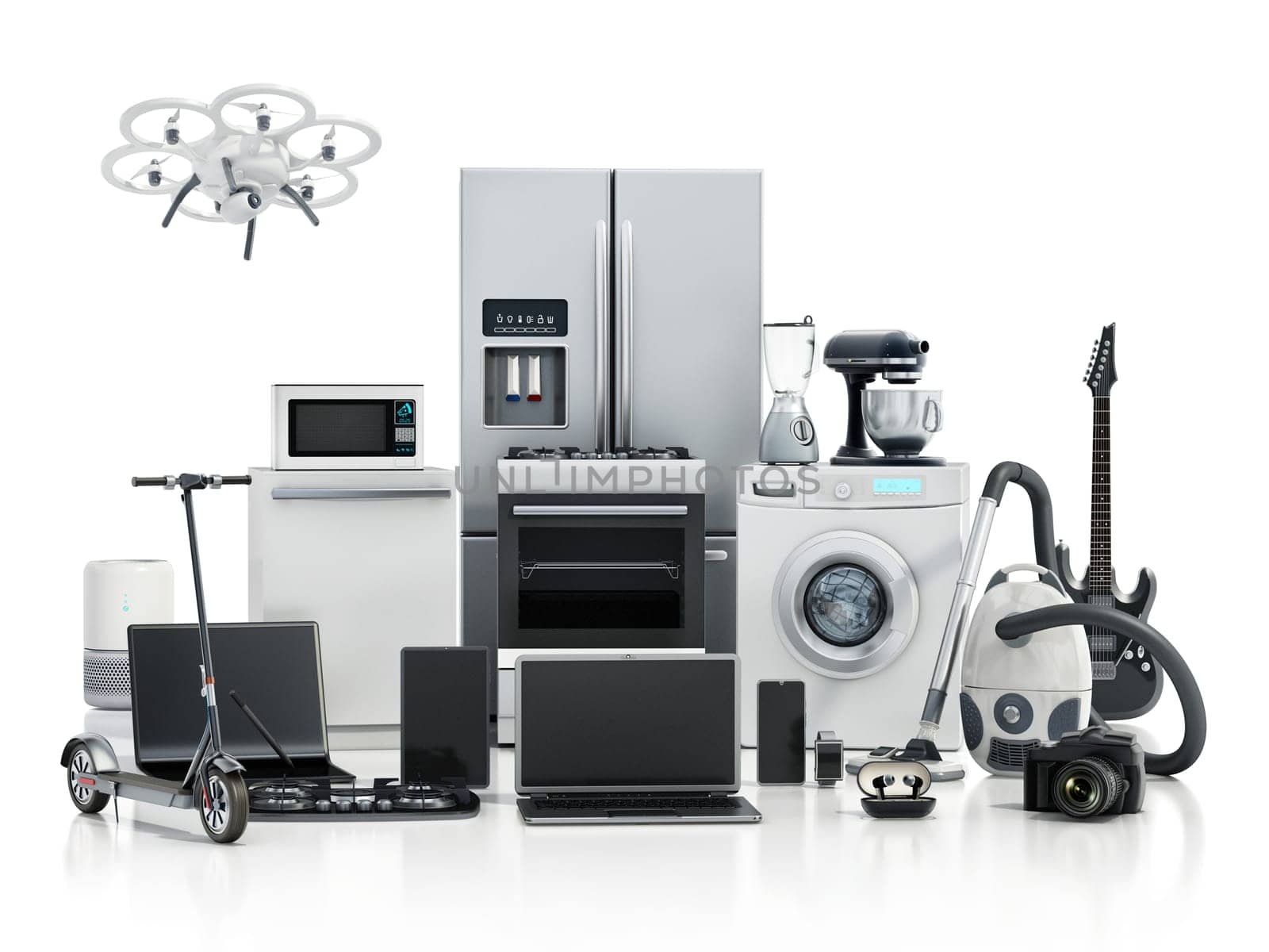 Group of home appliances and consumer electronics isolated on white background. 3D illustration.