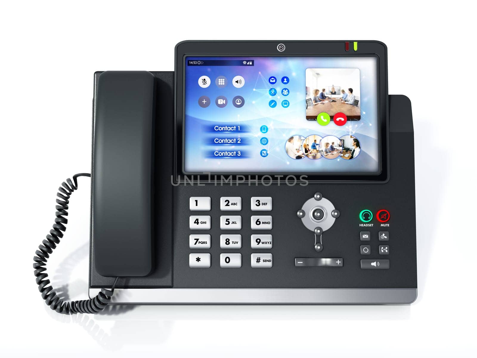 Modern VoIP or Voice over IP phone with LED screen isolated on white background. 3D illustration.