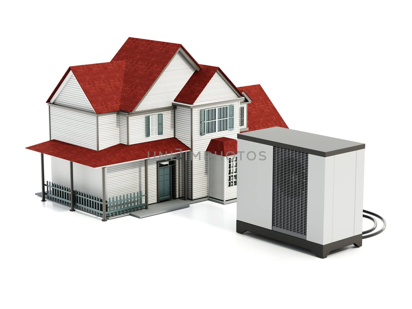 Heat pump and house isolated on white background. 3D illustration.