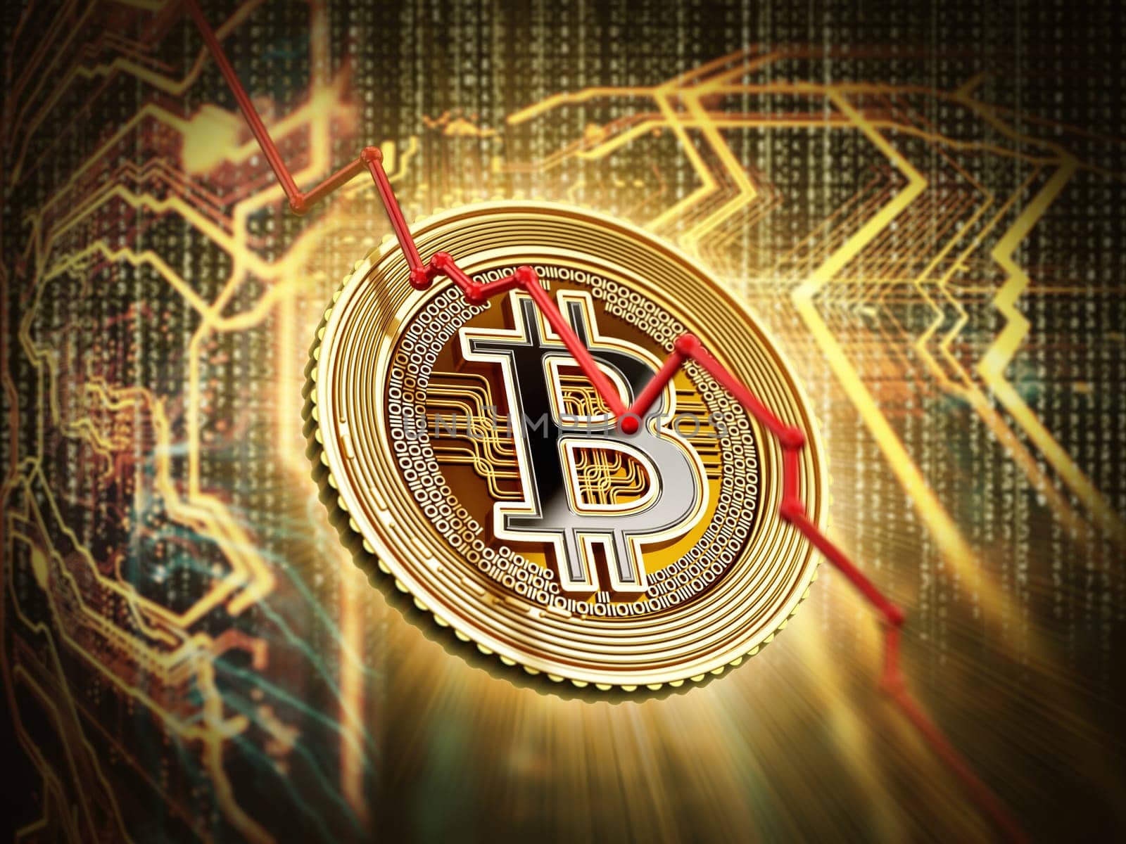 Bitcoin Price Falling concept, Bitcoin digital cryptocurrency on technology background. 3D illustration.