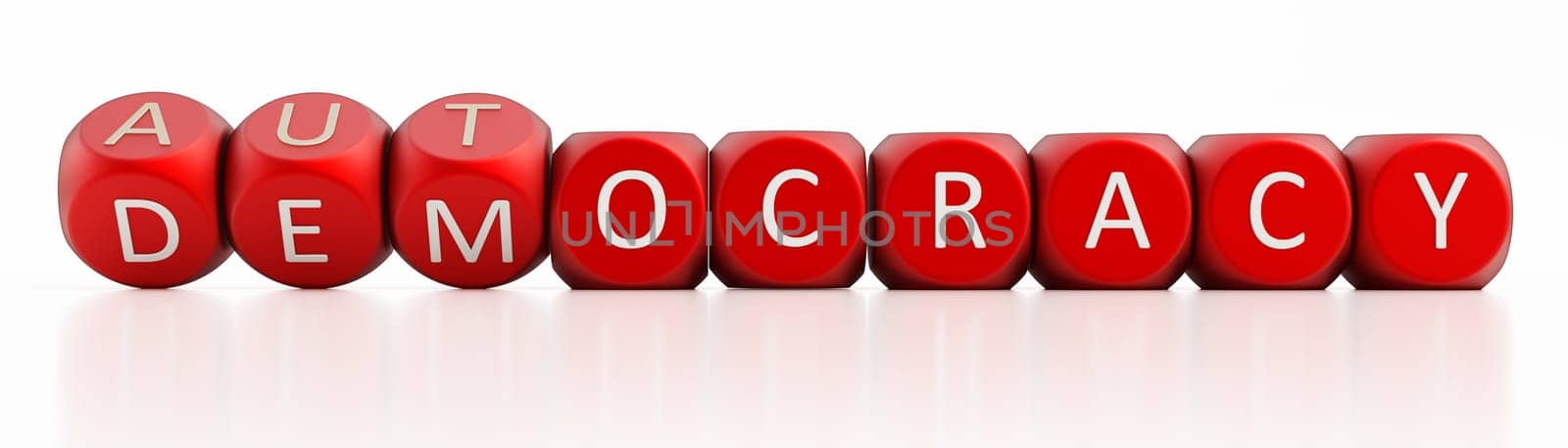 Democracy or autocracy concept. The text in dices turn from democracy to autocracy. 3D illustration.