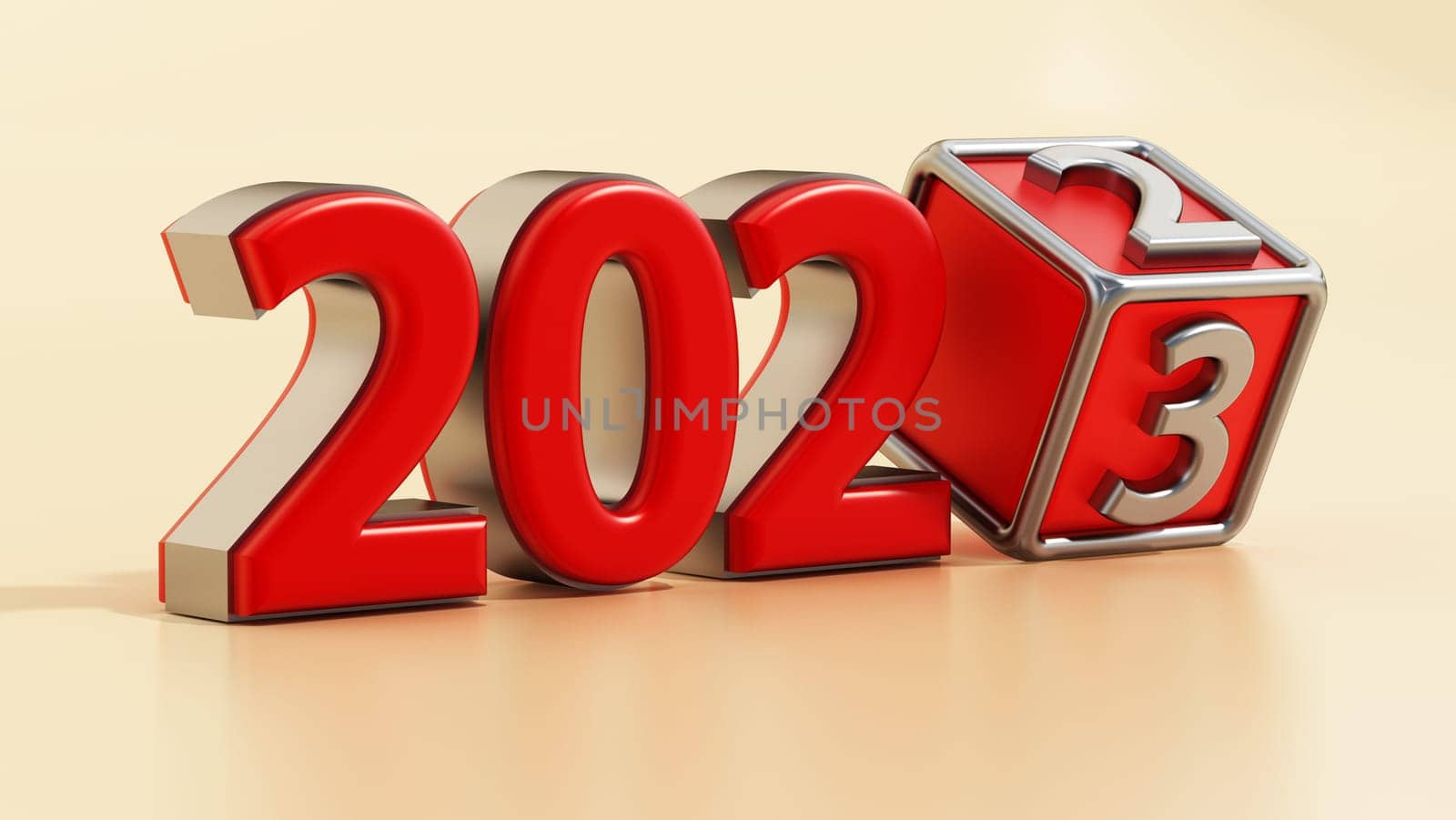 Year 2022 changing to year 2023. New year's eve concept. 3D illustration.
