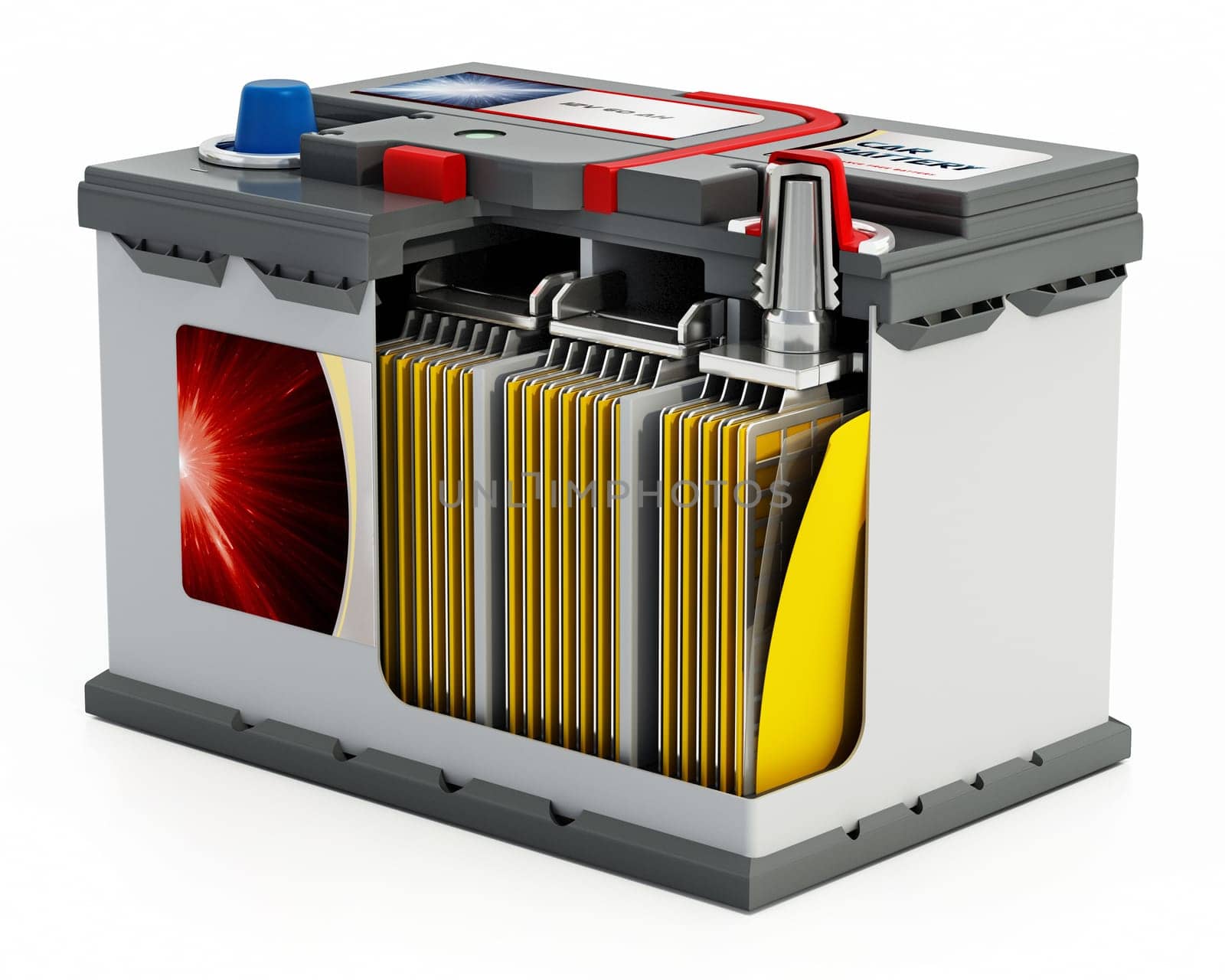 3D illlustration of a generic car battery showing a portion of the battery interior structure.