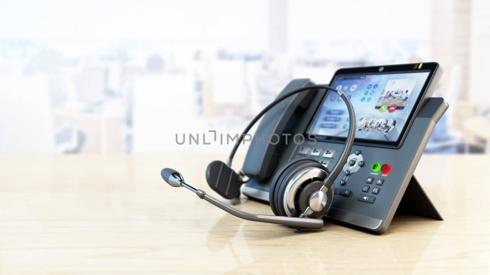 Modern VoIP phone and headset standing on wooden office table. Call center, marketing and technical support concept. 3D illustration.