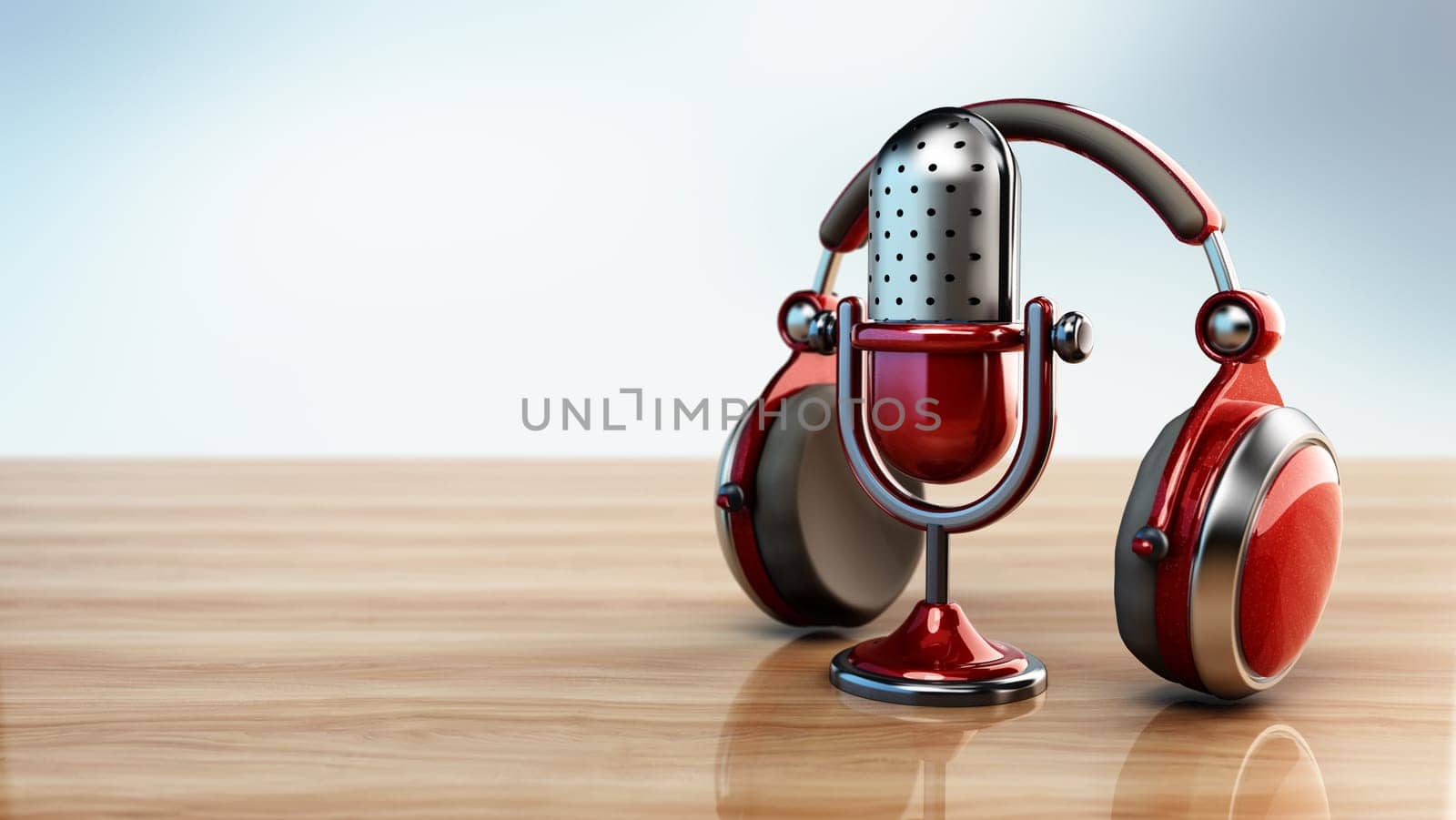 Vintage microphone and headphones on reflective wooden surface. 3D illustration.